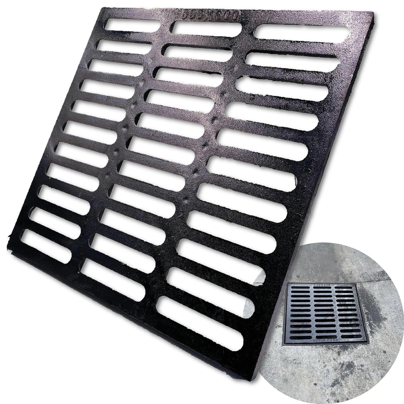 MOSINSBO Cast Iron Drain Grate 600x600 mm Gully Grid, B125 Heavy-Duty Driveway Channel Cover, Outdoor Trench Drainage Grate, Black Square Metal Sewer Cover for Garage