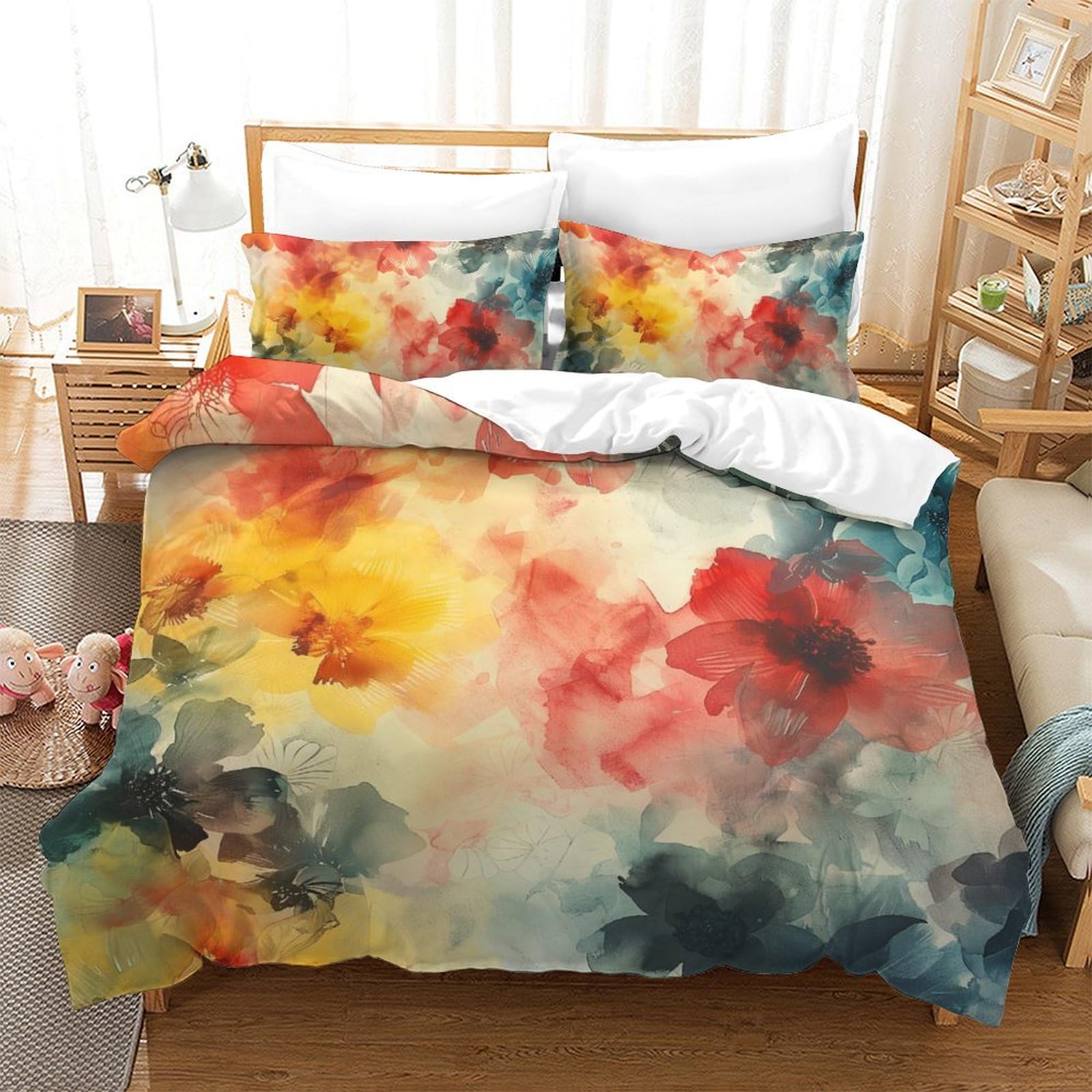 Parure de lit 3 pièces aquarelle fleurs 3D housse de couette microfibre 200x200