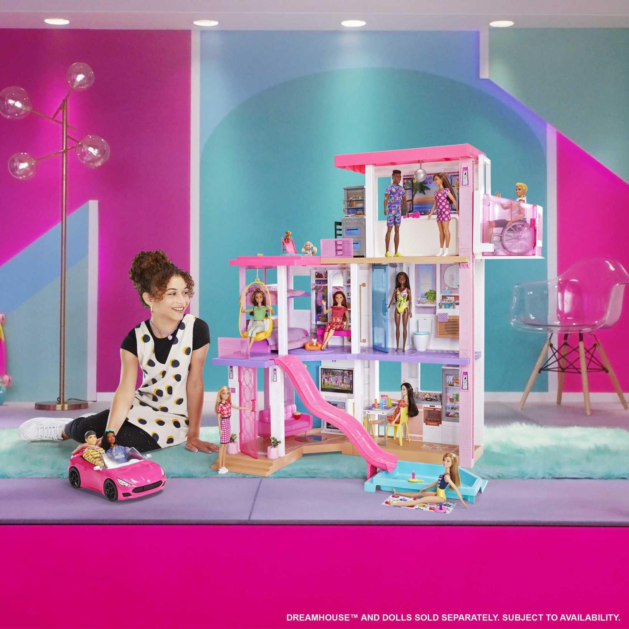 Barbie Descapotable Rosa con 2 plazas para muñecas, Coche de Juguete, Regalo para niñas y niños +3 años (Mattel HBT92)