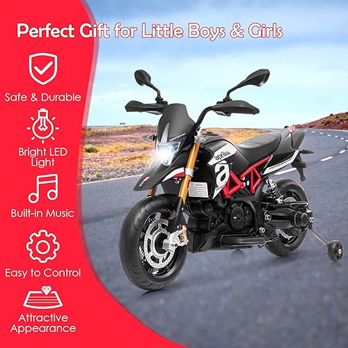 Miniatura 5 de OLAKIDS Aprilia - Motocicleta de 12 V para niños, motor eléctrico con licencia de Aprilia con ruedas de entrenamiento, suspensión de resorte,