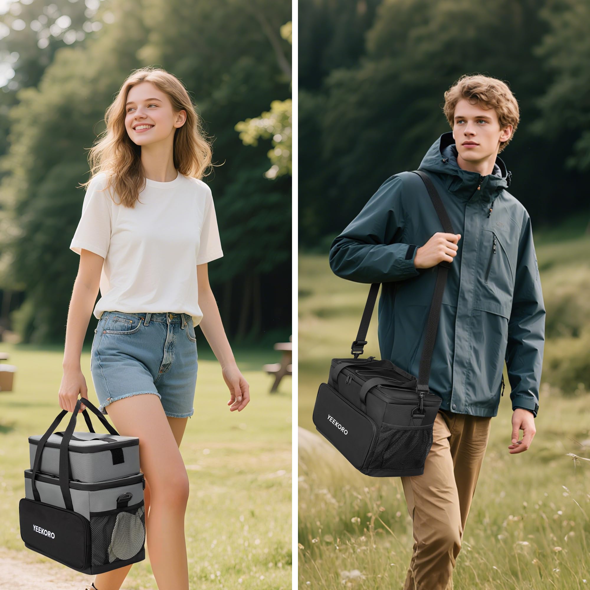 Borsa termica per il pranzo, doppia borsa termica con tracolla regolabile, per uomini e donne, a prova di perdite, ideale per lavoro, picnic, viaggi, turni di un giorno (blu)