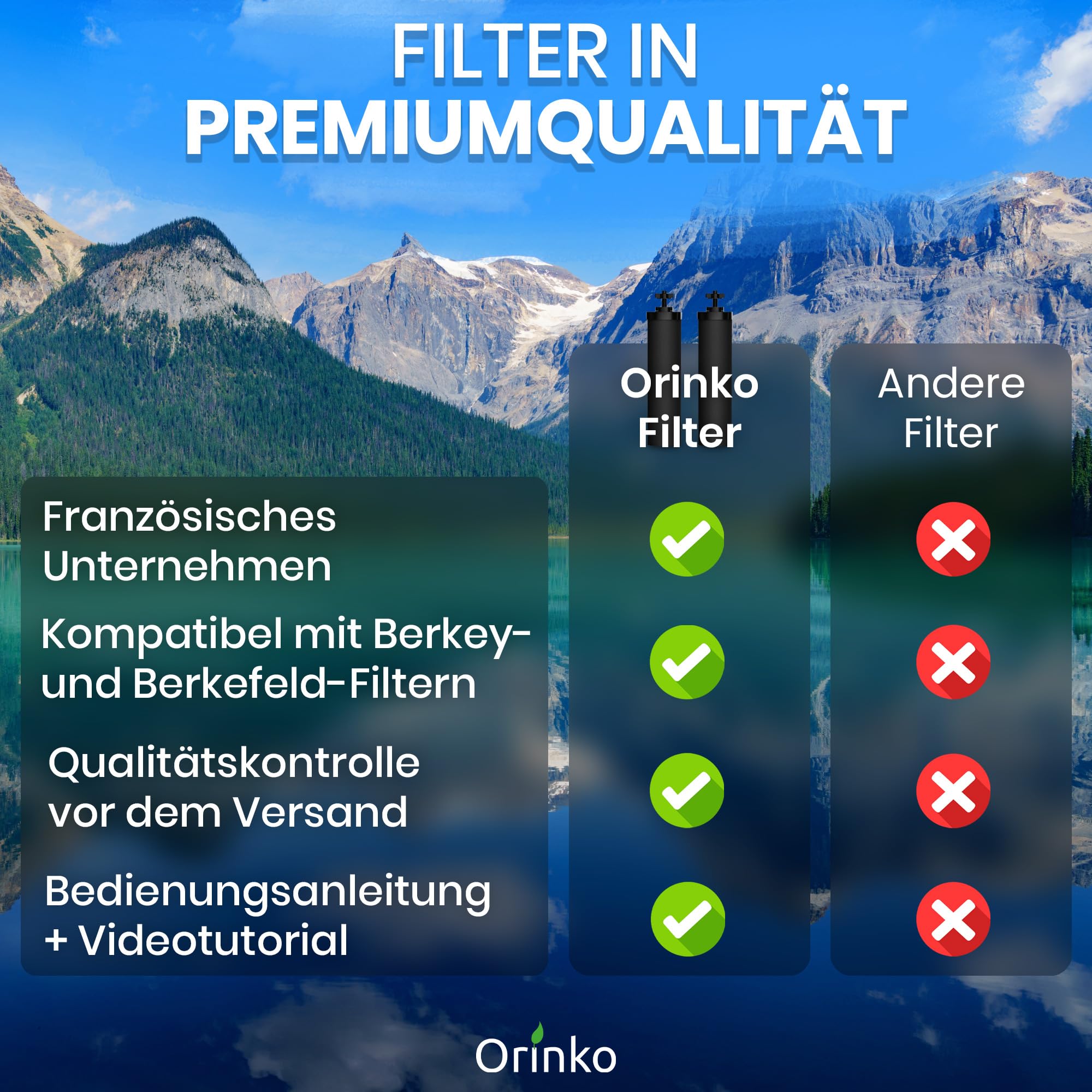 ORINKO® Kohle-Schwerkraftfilterkartusche x4 - Ersatzfilter für Berkey, Doulton und British Berkefeld - Aktivkohle Wasserfiltereinsatz für Mikroplastik-Entfernung - Kompatibel Schwerkraft-Wasserfiltern