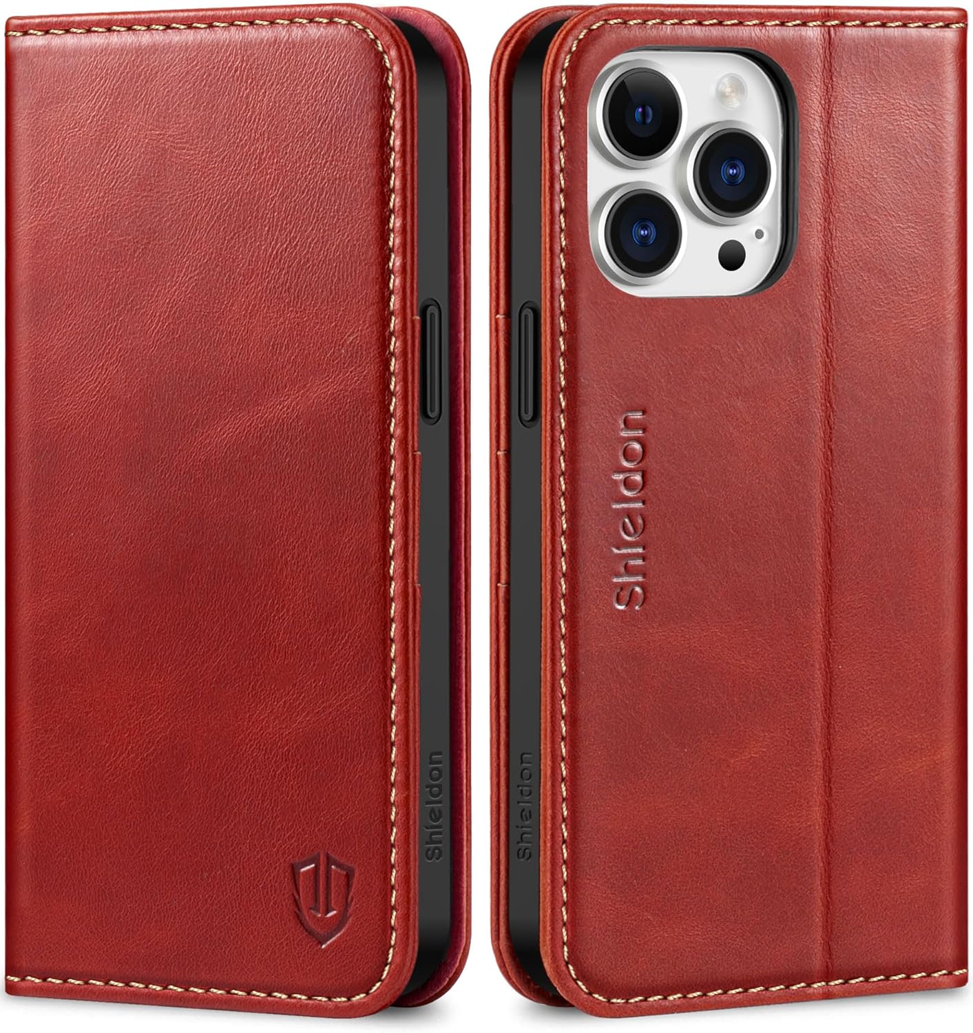 SHIELDON Case for iPhone 15 Pro Max 5G, Genuine Leather Wallet Flip Cover