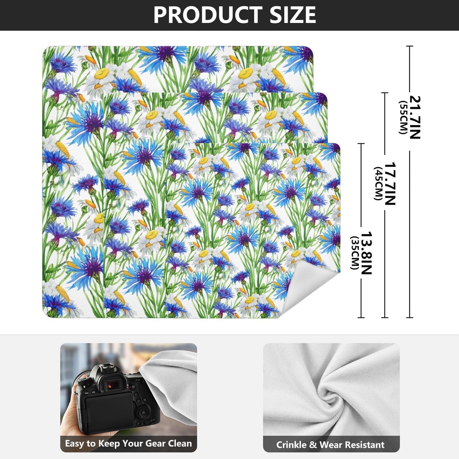 ODAWA Protective Camera Lens Wrap Blue Cornflowers White Daisies Self Adhesive Cloth 13.8