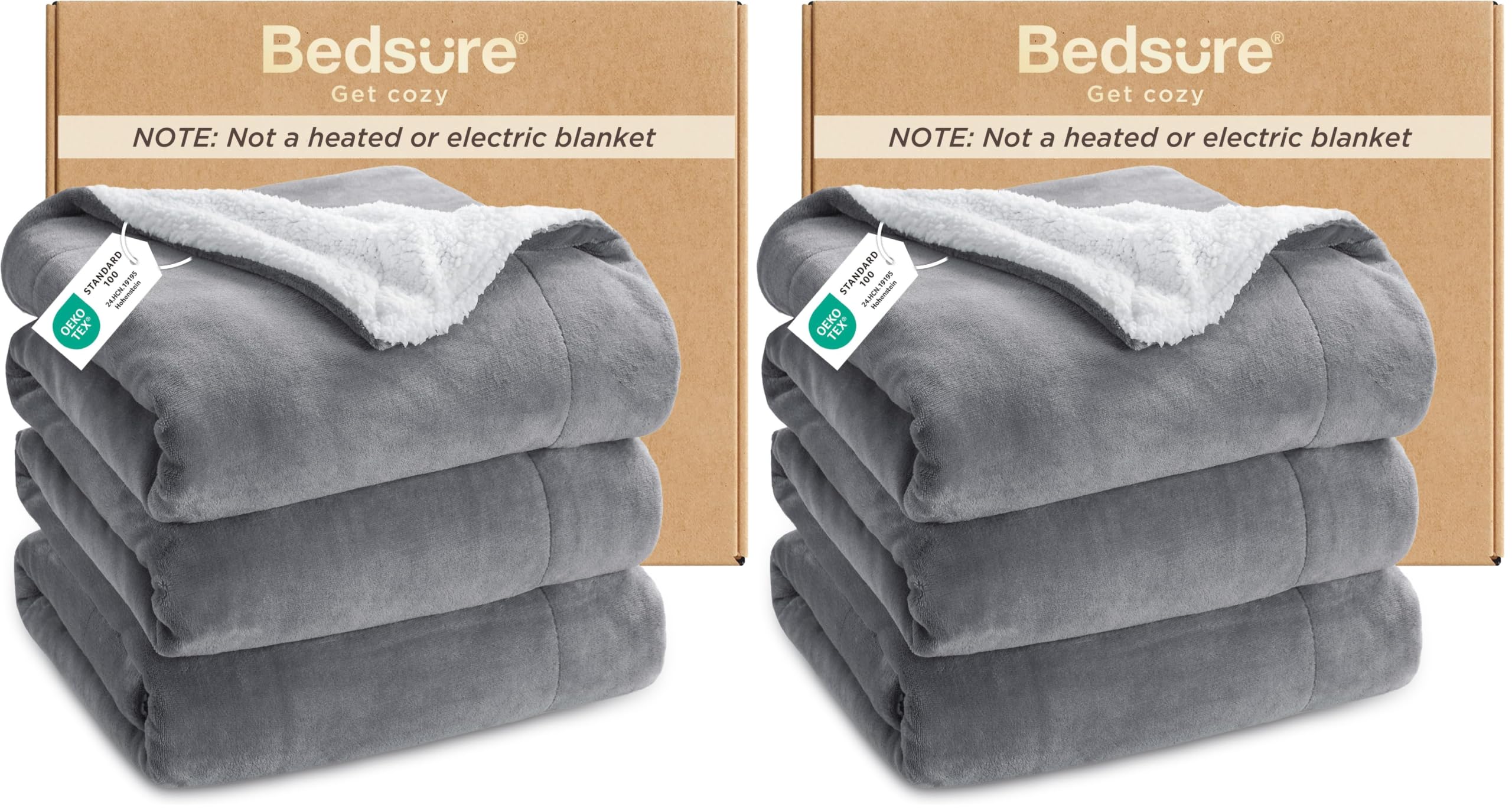 Bedsure GentleSoft Sherpa Fleece Queen Blankets for Bed, Non-Heated, Thick and Warm Throw for Women and Men, Soft Fuzzy Plush Queen Blanket for Winter, Grey, 90x90 Inches (Pack of 2)