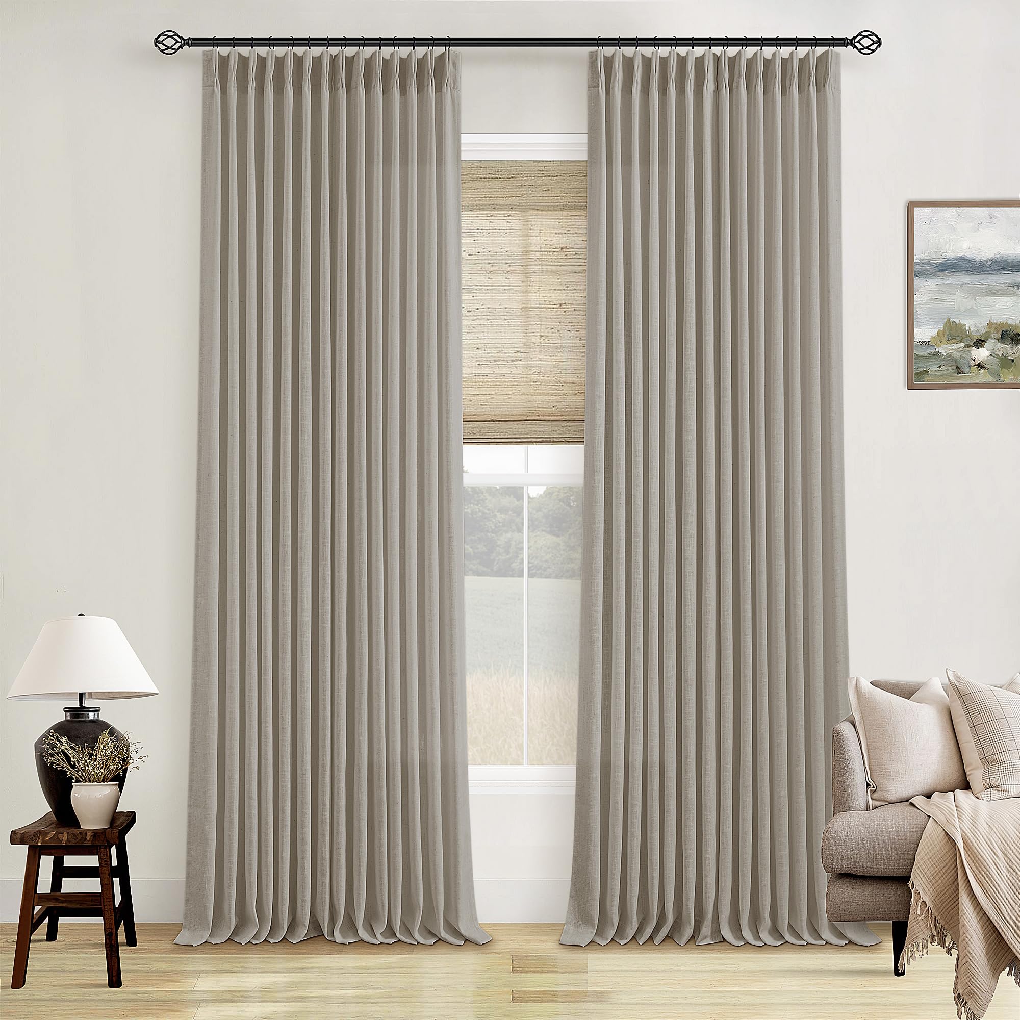 Photo 1 of Burlywood Birch Pinch Pleated Linen Curtains 105 Inches Long for Living Room Bedroom 2 Panels Set Greyish Beige Flax Double Pleated Drapes Back Tab Farmhouse Ceiling Floor 105 Inch Window Curtains