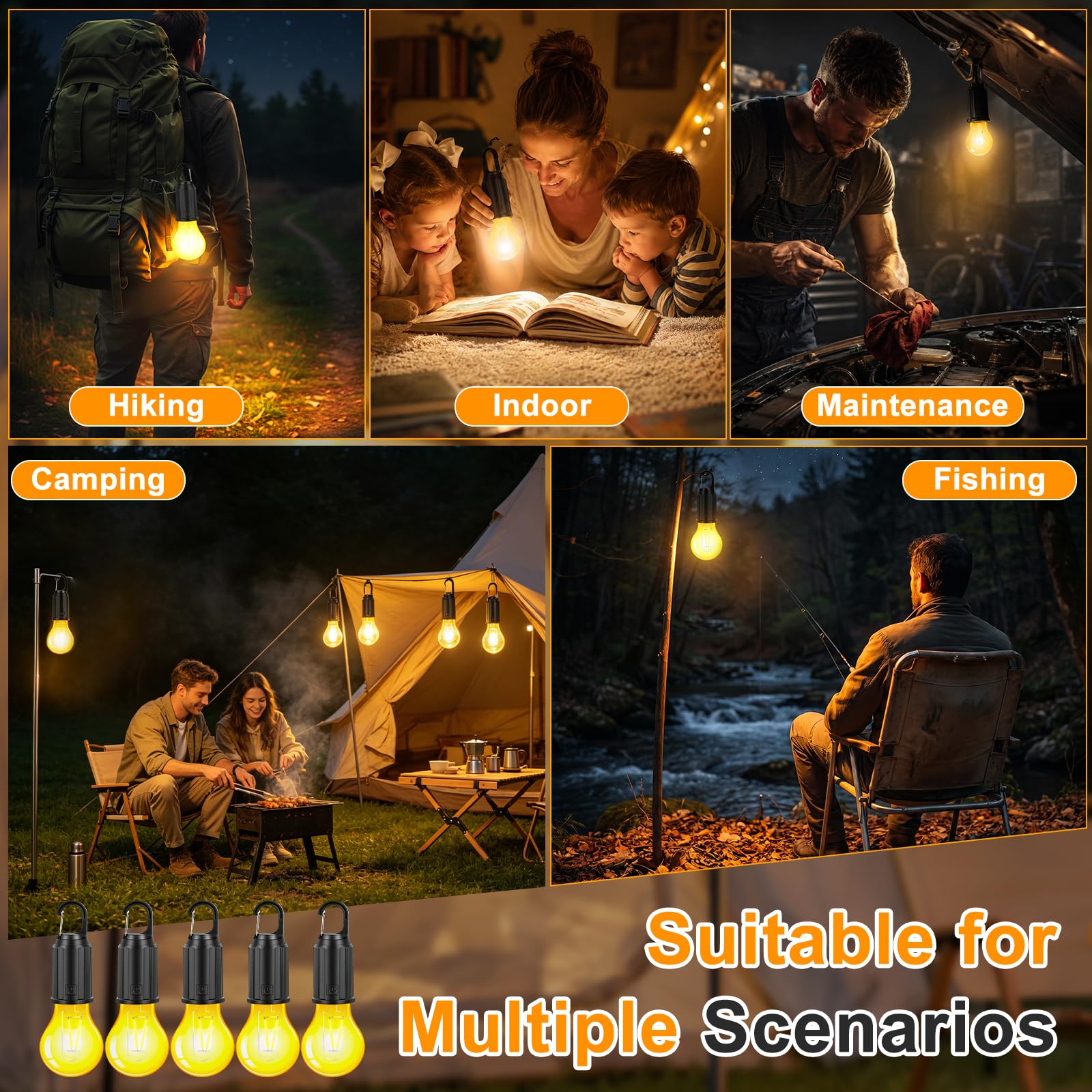 Campinglampe Aufladbar, 5 Stück Tragbare Camping Licht Glühbirne, 3 Helligkeitsmodi, Zeltlampe Glühbirne, Wasserdicht, USB-Ladung für Camping Abenteuer Angeln Garage Notfall Stromausfall