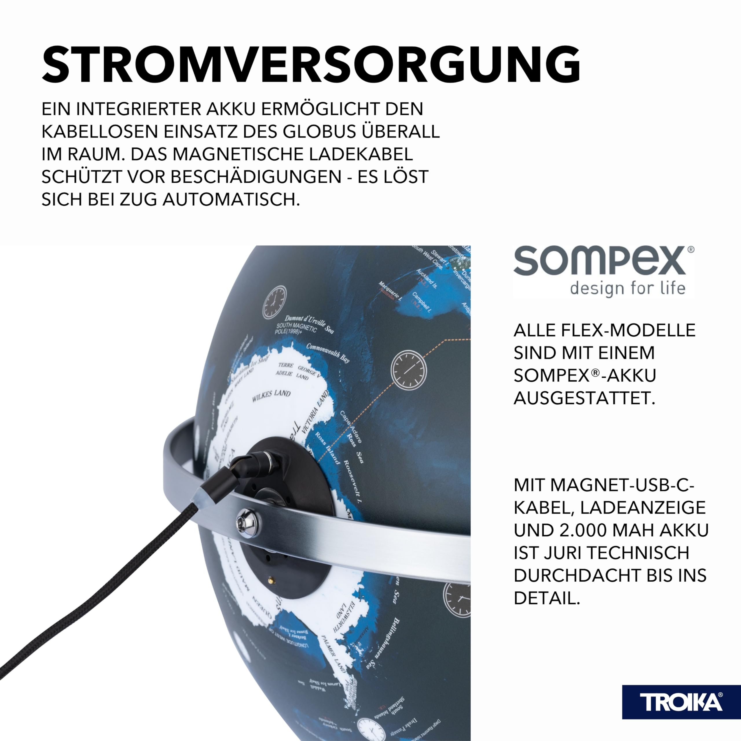 TROIKA Globo terráqueo iluminado con City Lights 30 cm JURI CITY LIGHT FLEX sobre base de metal cromado con dos ejes móviles y módulo de lámpara recargable Sompex de plástico y metal en azul, verde