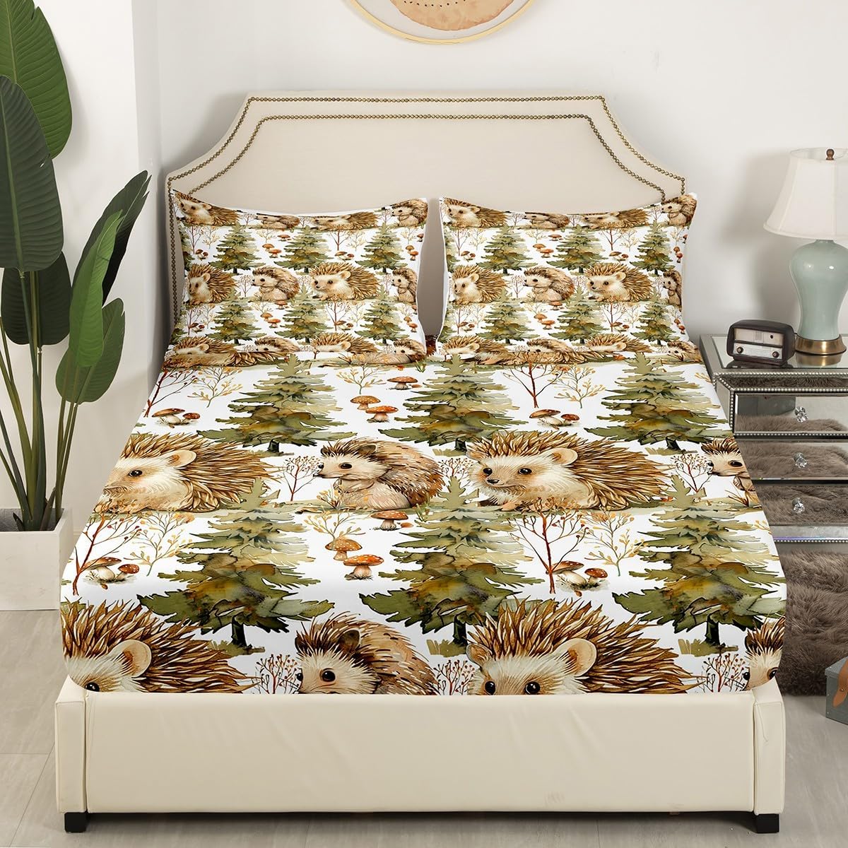 Erosebridal Hedgehog Fitted Sheet Full Watercolor Branch Leaves Bed Sheets Jungle Pine Trees Bedding Set Woodland Wildlife Animal Sheets Natural Mushroom Decor