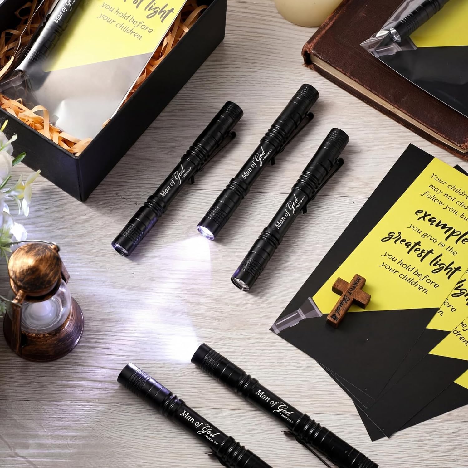 Coume 20 Sets Fathers Day Flashlight Gift Bulk for Church Man of God Small Pocket Flashlight with Motivational Bible Verse Cards Christian Religious Thank You Gifts for Men Dad Husband