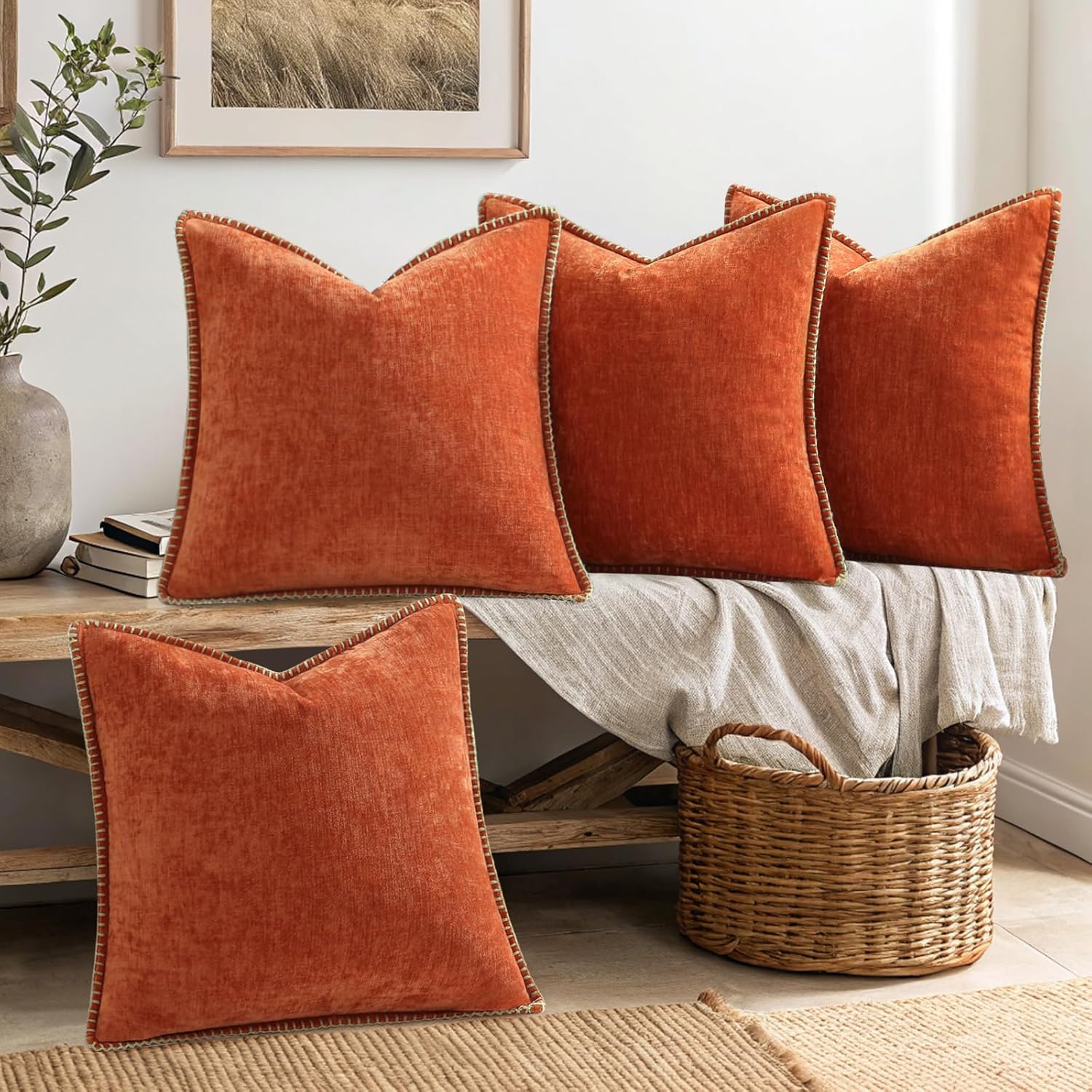 decorUhome Set of 4 Throw Pillow Covers 18x18 Inch Decorative Soft Chenille Pillow Covers Farmhouse Neutral Cushion Covers with Stitched Edge for Couch Sofa Bed Living Room, Burnt Orange