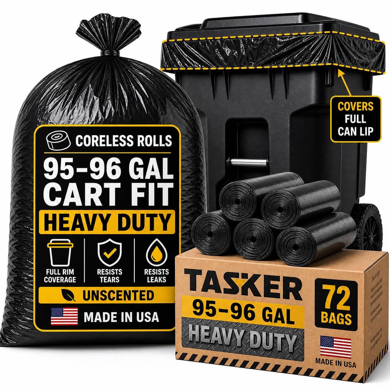 Bolsas de basura resistentes de 95 galones, paquete de 72 bolsas de basura extra grandes, bolsas de basura de 90 a 100 galones, bolsas de basura grandes de 96 galones (negro)