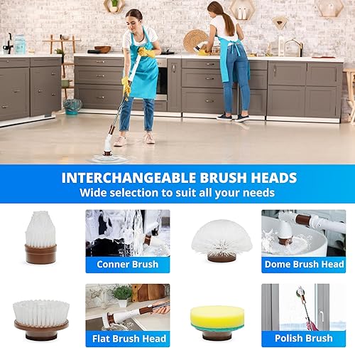 Miniatura 5 de Limpiador eléctrico giratorio, cepillo de limpieza inalámbrico con brazo de extensión ajustable, cabezales de cepillo reemplazables 10 en 1,