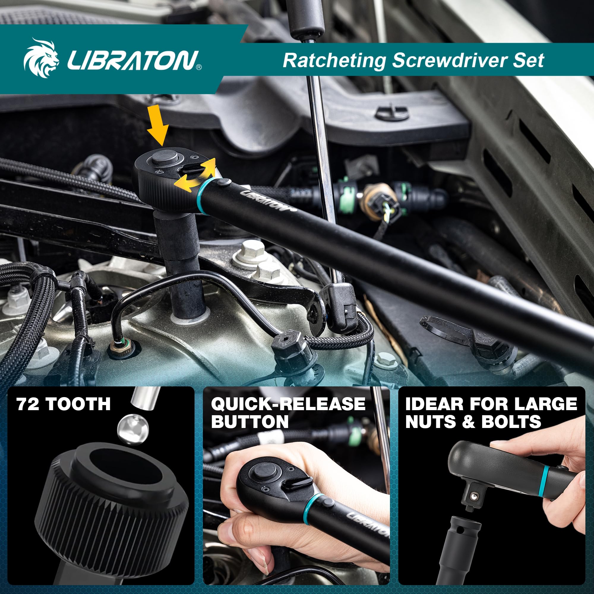 LIBRATON Drehmomentschlüssel 1/2 Zoll, 50-350 Nm, ±3% Genauigkeit | mit Gelenkgriff 1/2 Zoll, 72-Zahn-Dual-Direction Verstellbarer Drehmoment für Auto, Motorrad Reparatur