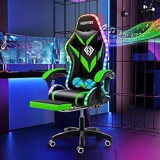 HOFFREE Gaming Chair with Bluetooth Speakers and Led Lights Massage Computer Gamer Chair with Footrest Ergonomic Video Game Chair for Adults Green and Black