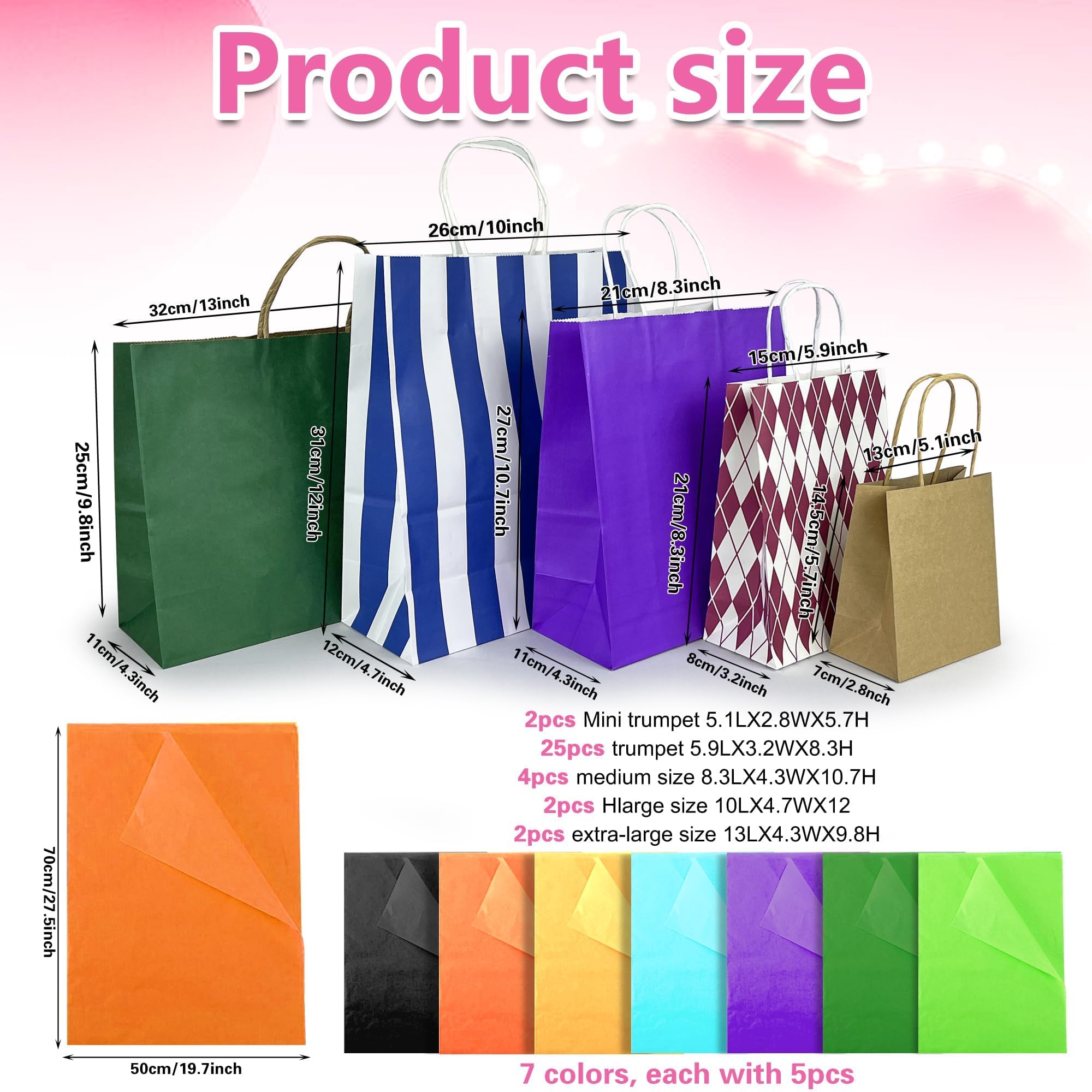 KEEPARTY Lot de 70 sacs cadeaux de tailles assorties avec poignées, comprend 35 sacs cadeaux, 5 tailles, plusieurs couleurs, 35 papiers de soie, 7 couleurs en vrac, parfaits pour les fêtes, les