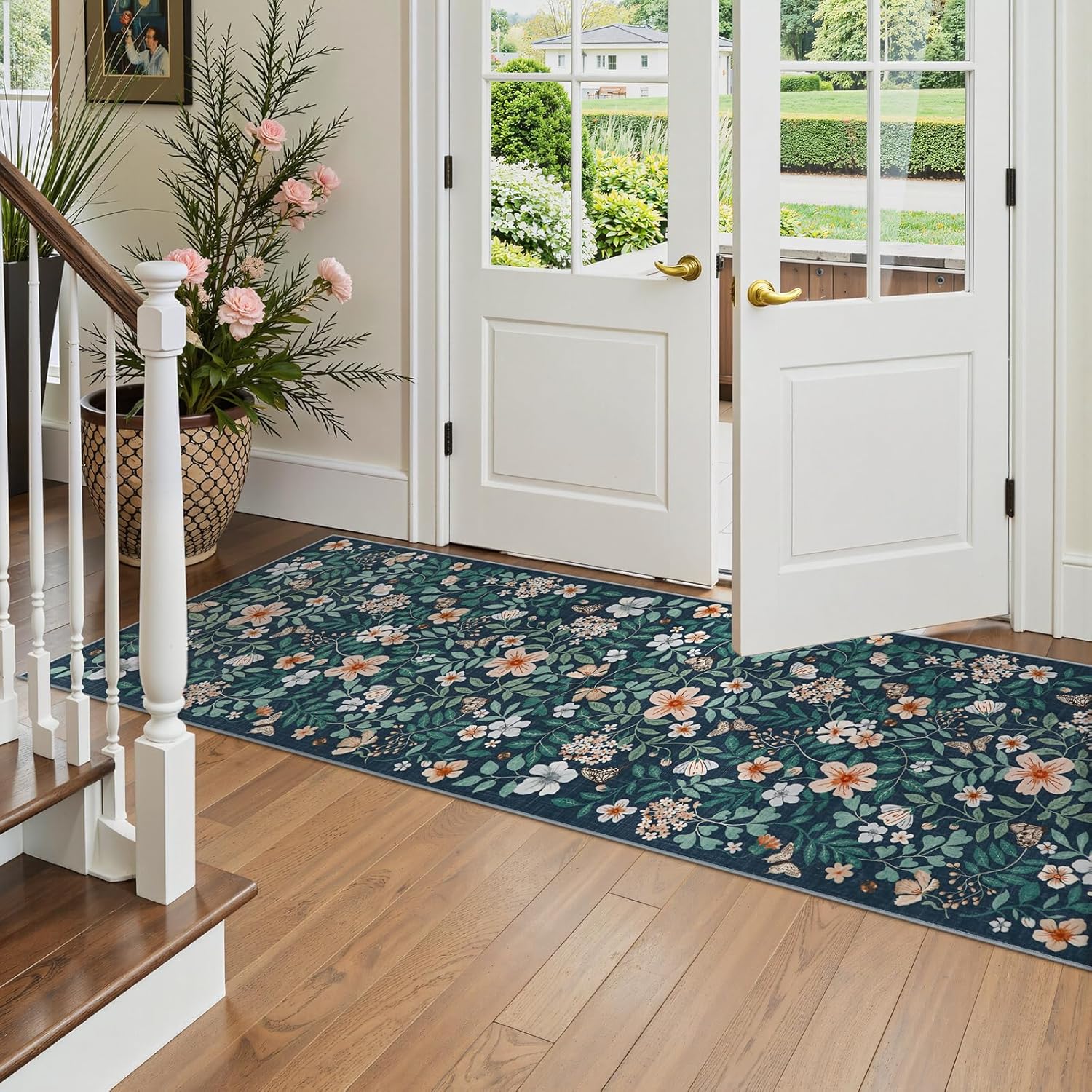 Lahome Floral 2x6 Navy Runner Rug, Washable Soft Flower Carpet for Hallways, Non Slip Low Pile Indoor Rug, Lightweight for Kitchen Laundry Decorativ（Navy,2X6