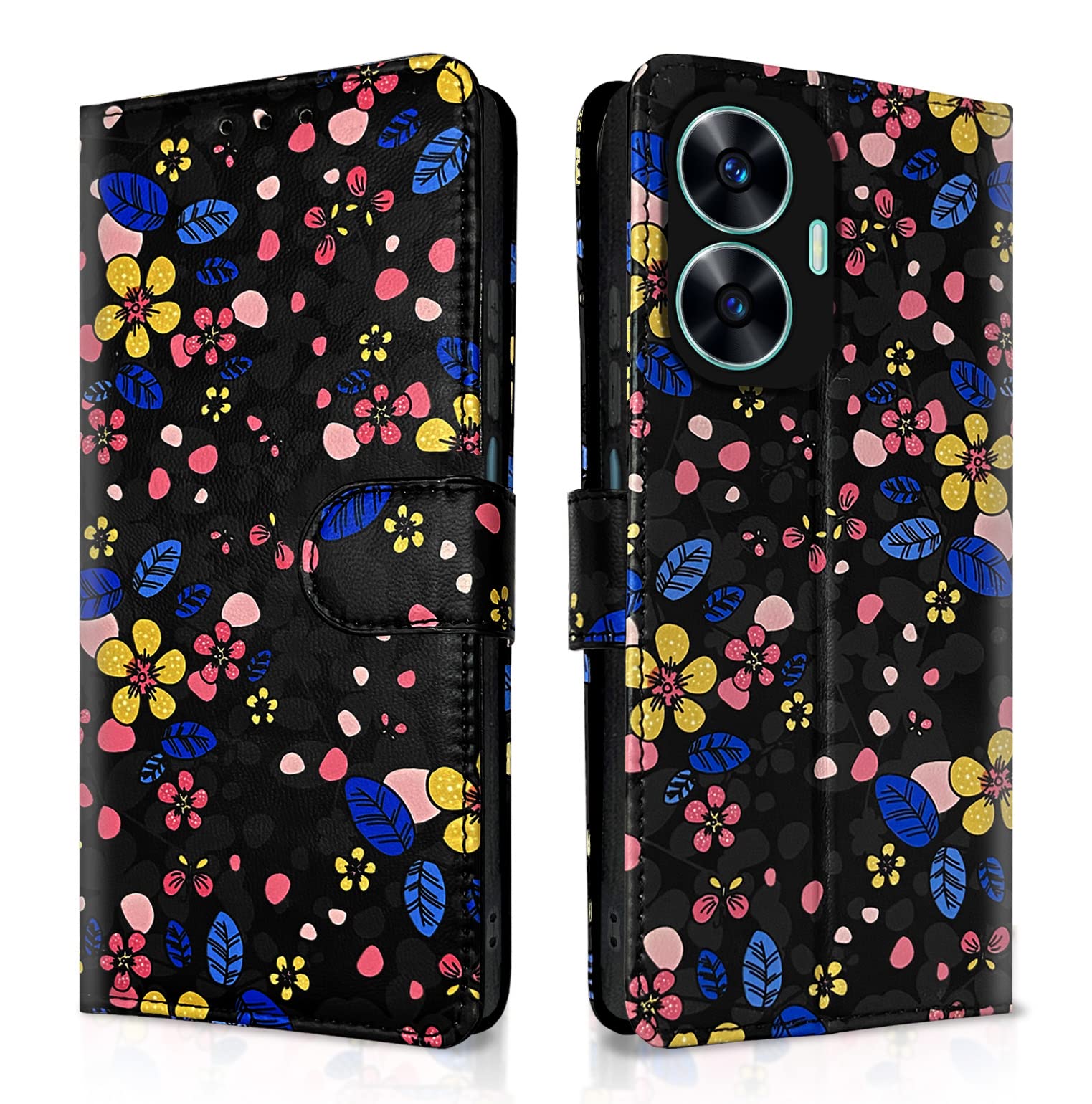 Pikkme Realme C55 / Narzo N55 Flip Cover for Girls Leather Finish Inside TPU with Card Pockets Wallet Stand and Shock Proof | Complete Protection Flip Case (Black Flower) (B0C4V29HCC) Amazon Price History, Amazon Price Tracker