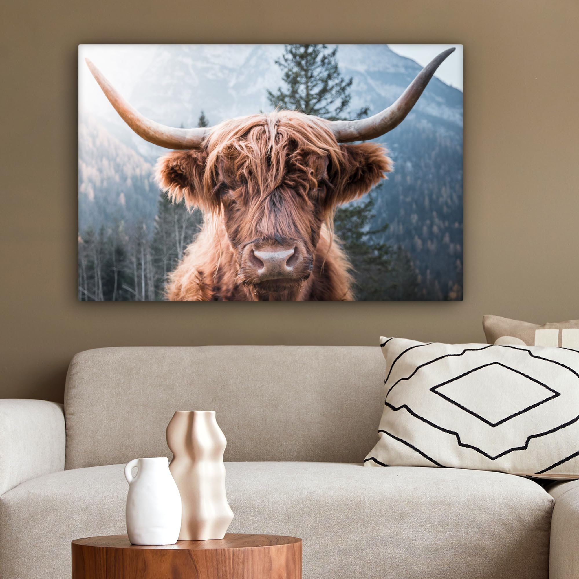 MuchoWow Leinwand Bilder, Einzigartige Wanddeko mit Rahmen, Schottischer Highlander - Berge - Porträt, Wandbilder Wohnzimmer, Deko Schlafzimmer 150x100 cm