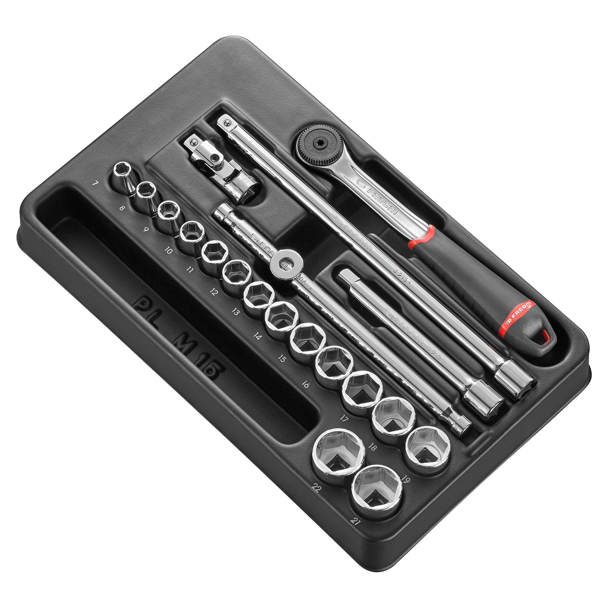 FACOM - Module Douilles 3/8" 6 Pans Métriques - MOD.J161-36 - Outillage Complet 20 Pièces - Inclus 1 Cliquet 3/8" Étanche, 15 Douilles, 2 Rallonges, 1 Cardan, 1 Poignée Coulissante 3/8" et 1 Plateau