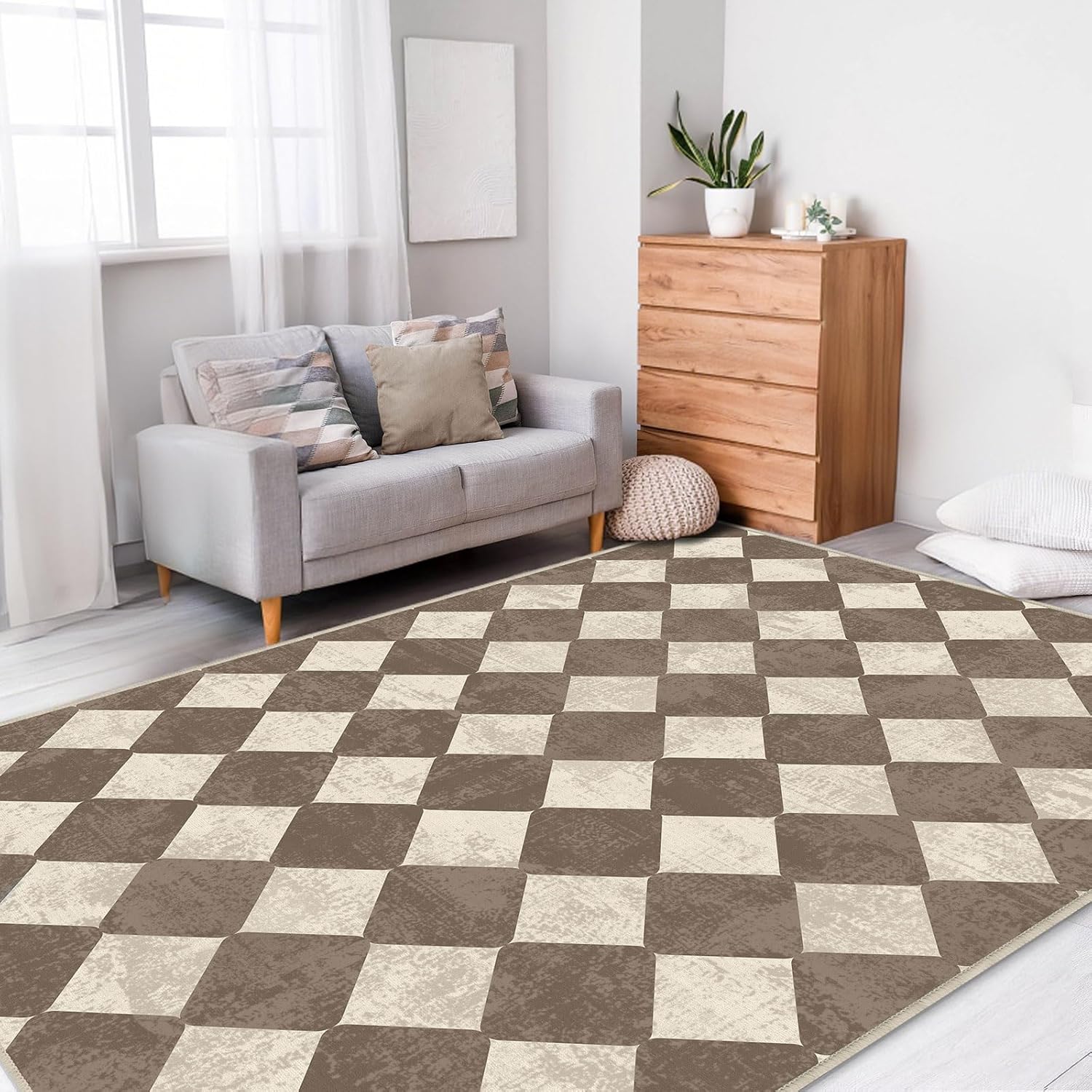 Washable Checkered Brown Neutral Diamond Geometry Area Rugs 5x7 Modern Soft Large Carpet for Living Room Entryway Bedroom Farmhouse Non-Slip - Image 2