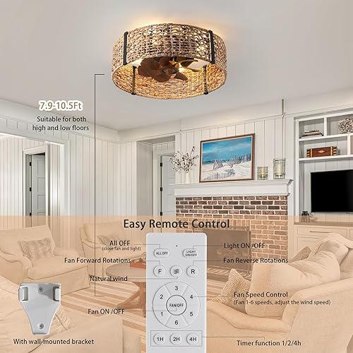 Miniatura 3 de Ganeed - Ventilador de techo estilo Boho de 20 pulgadas con luz, ventilador de techo enjaulado de ratán con luz y control remoto, motor reversible