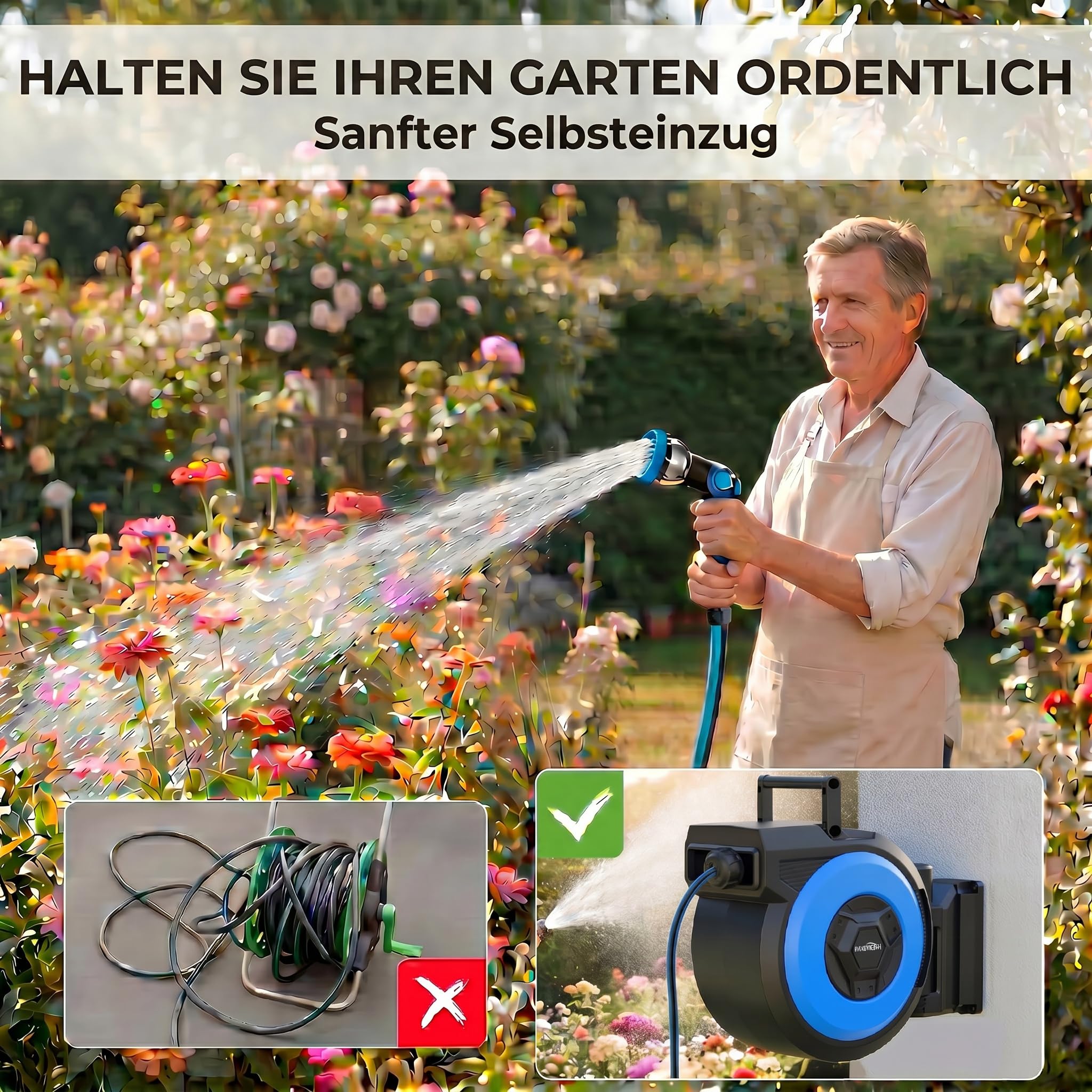 Himimi Schlauchtrommel 30m Wandmontage, Automatischer Gartenschlauch Aufroller mit 180° Schwenk & 10-Funktionen Spritzpistole, Schlauchbox für Wand, Auto-Rewind für Reinigung & Bewässerung