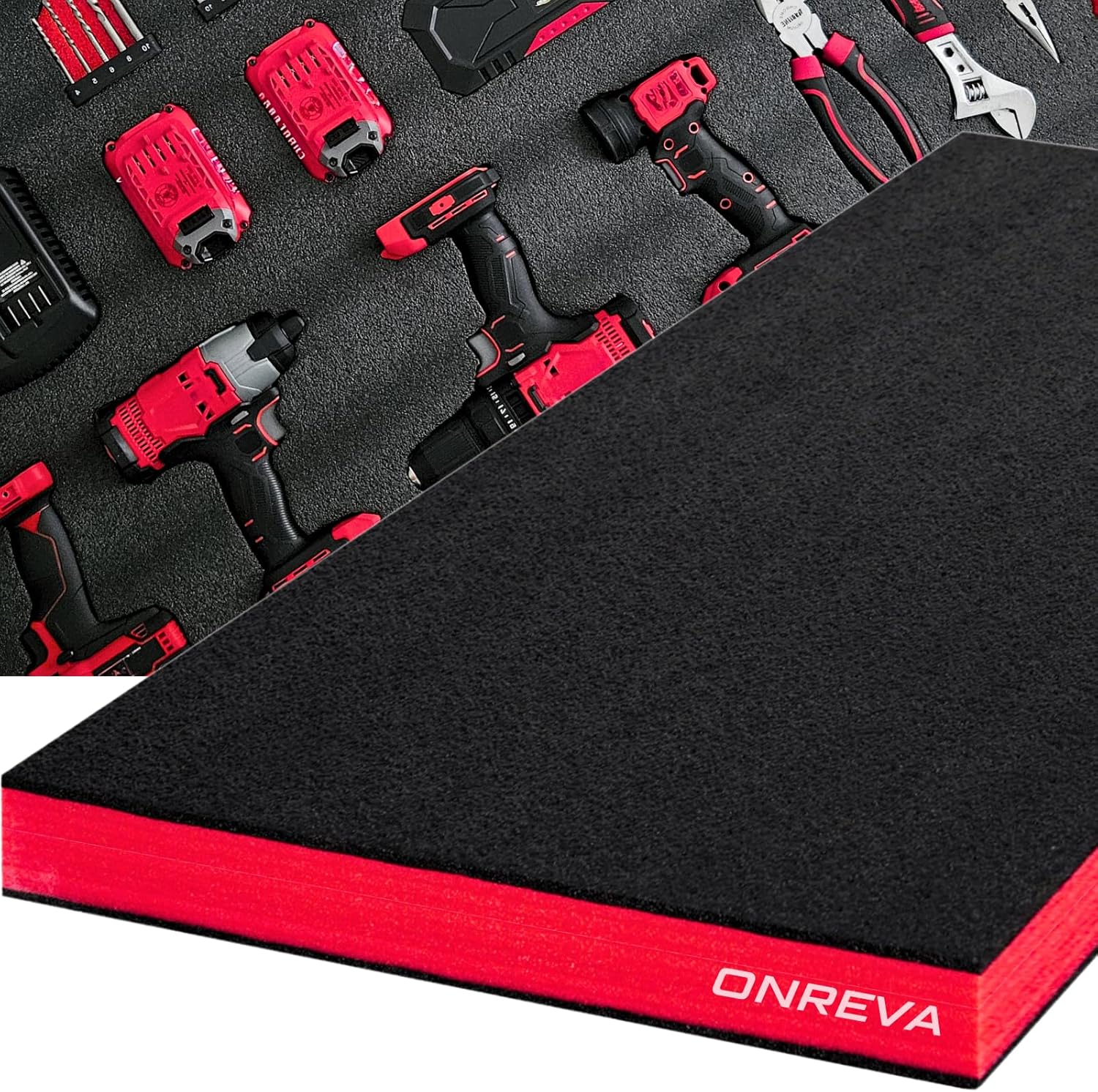 ONREVA Tool Box Foam 48x16x2 inch 1PC, Foam Inserts for Cases, Polyethylene Storage Sheets for Toolbox Hard Case, Tool Shadow Insert, Kaizen Organizer Sheet, Black with Red