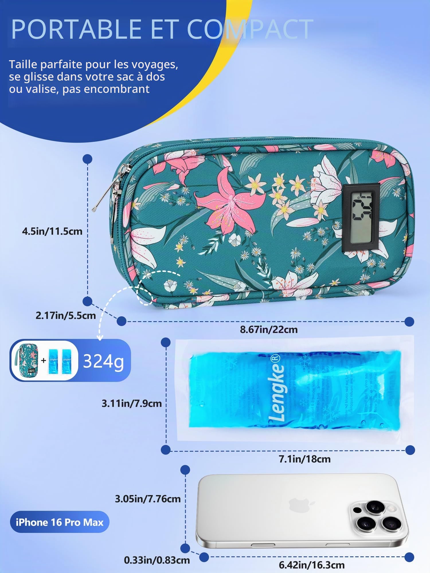 YOUSHARES Trousse Isotherme Insuline - Sac Isotherme Medicament Voyage pour Diabetique Affichage de la Température, Pochette Isotherme Insuline Injection avec Poche Glacière pour Stylo, Lys