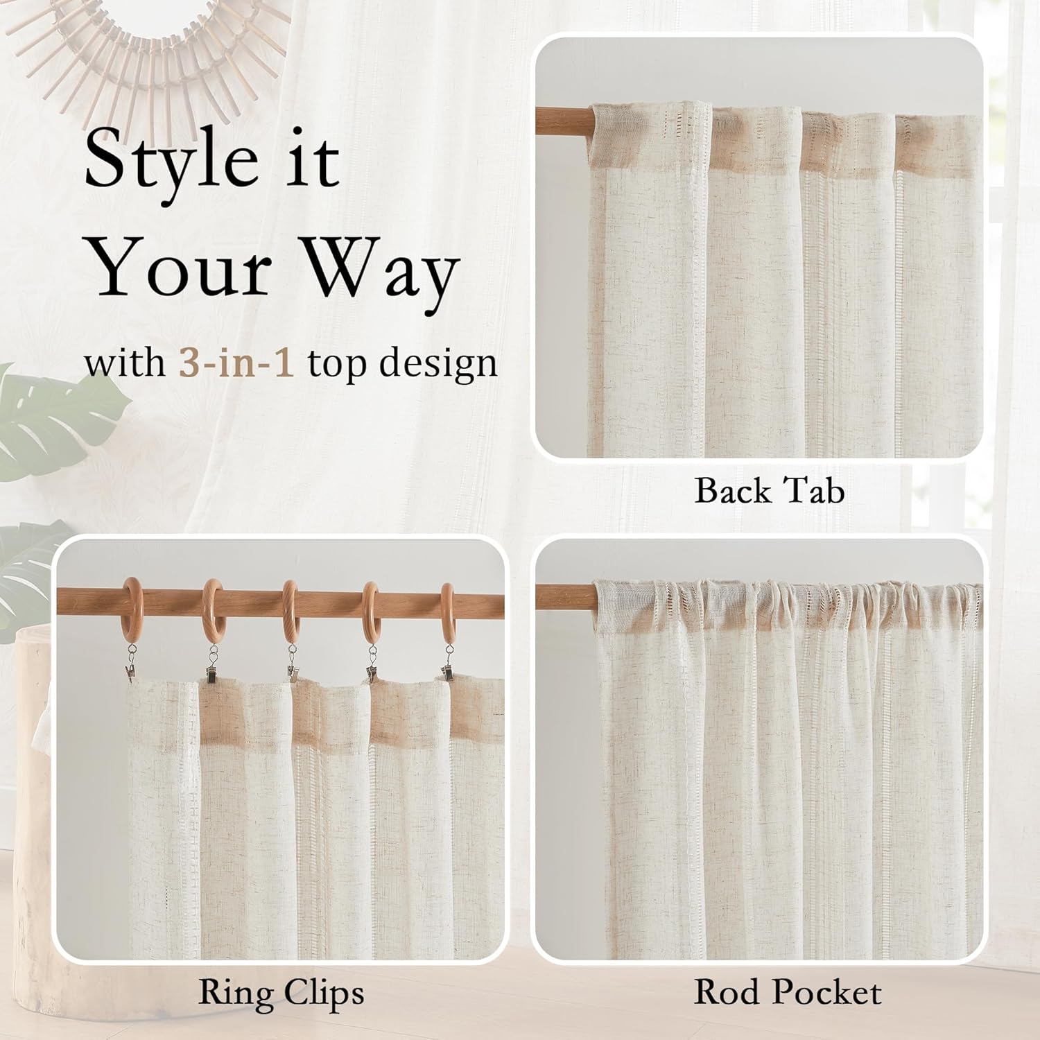 MYSKY HOME Natural Linen Boho Sheer Curtains for Living Room 84 Inches Long Light Filtering Semi Sheer Privacy Drapes for Bedroom, Farmhouse Hollowed-Out Home Decor Back Tab, 50" W×84" L, 2 Panels