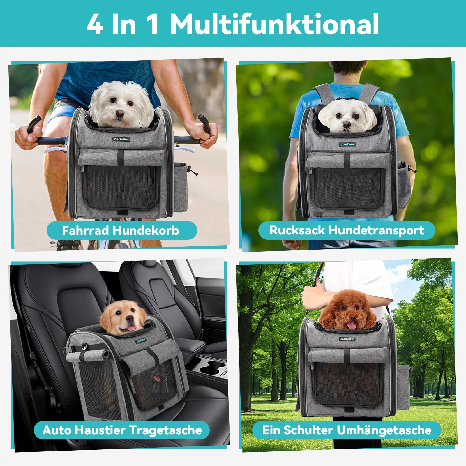 Hundekorb Fahrrad Vorne bis 10KG, Faltbarer Atmungsaktiver Hundefahrradkorb 4 in 1 Rucksack Schultertasche Autositz mit Robuste L-förmige Halterung Φ55mm, Bequemes Kissen, Reflektorstreifen