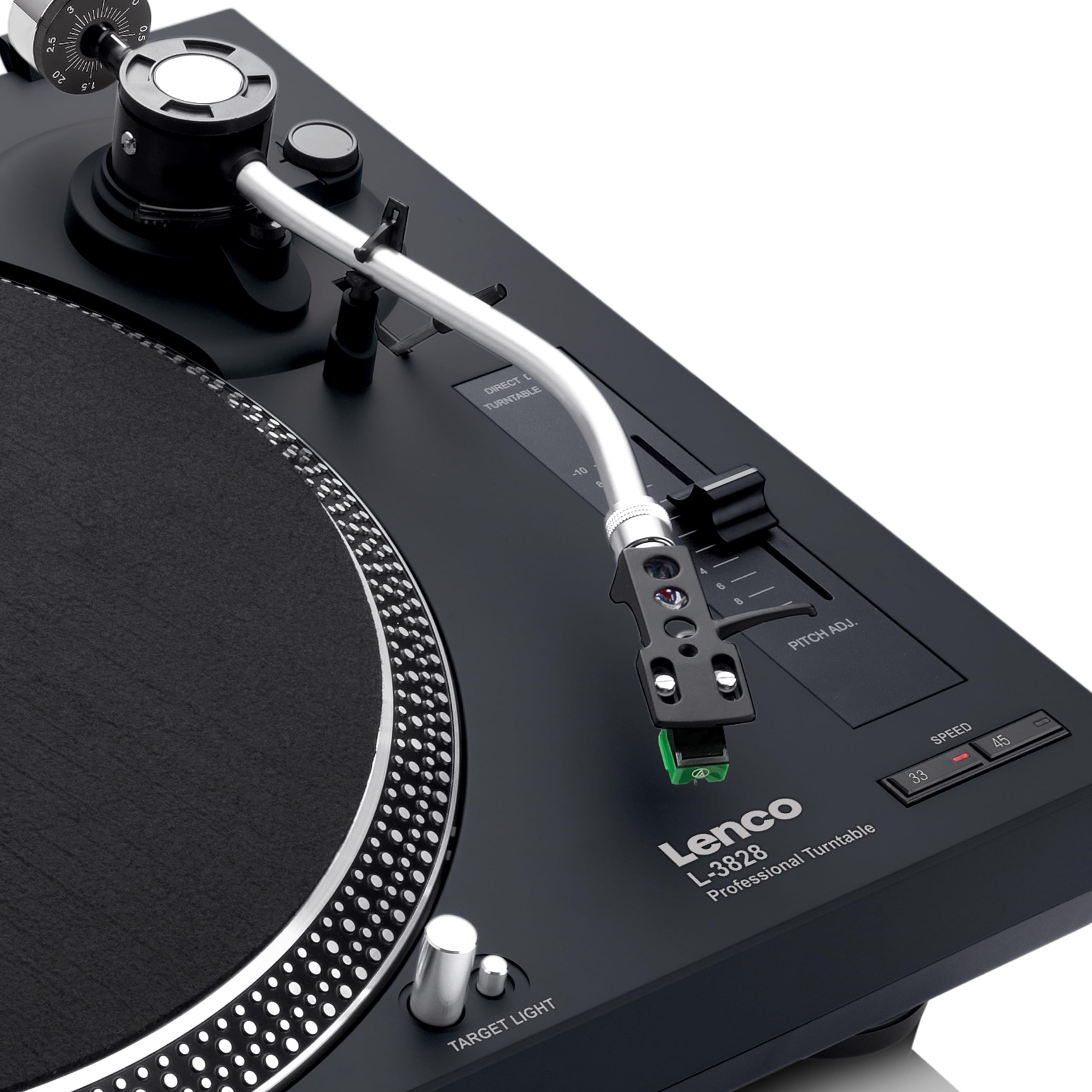 Lenco L-3828 - Giradischi con azionamento diretto, giradischi DJ, registrazione USB, controllo Pitch Control, preamplificatore, 33 e 45 giri/min, nero
