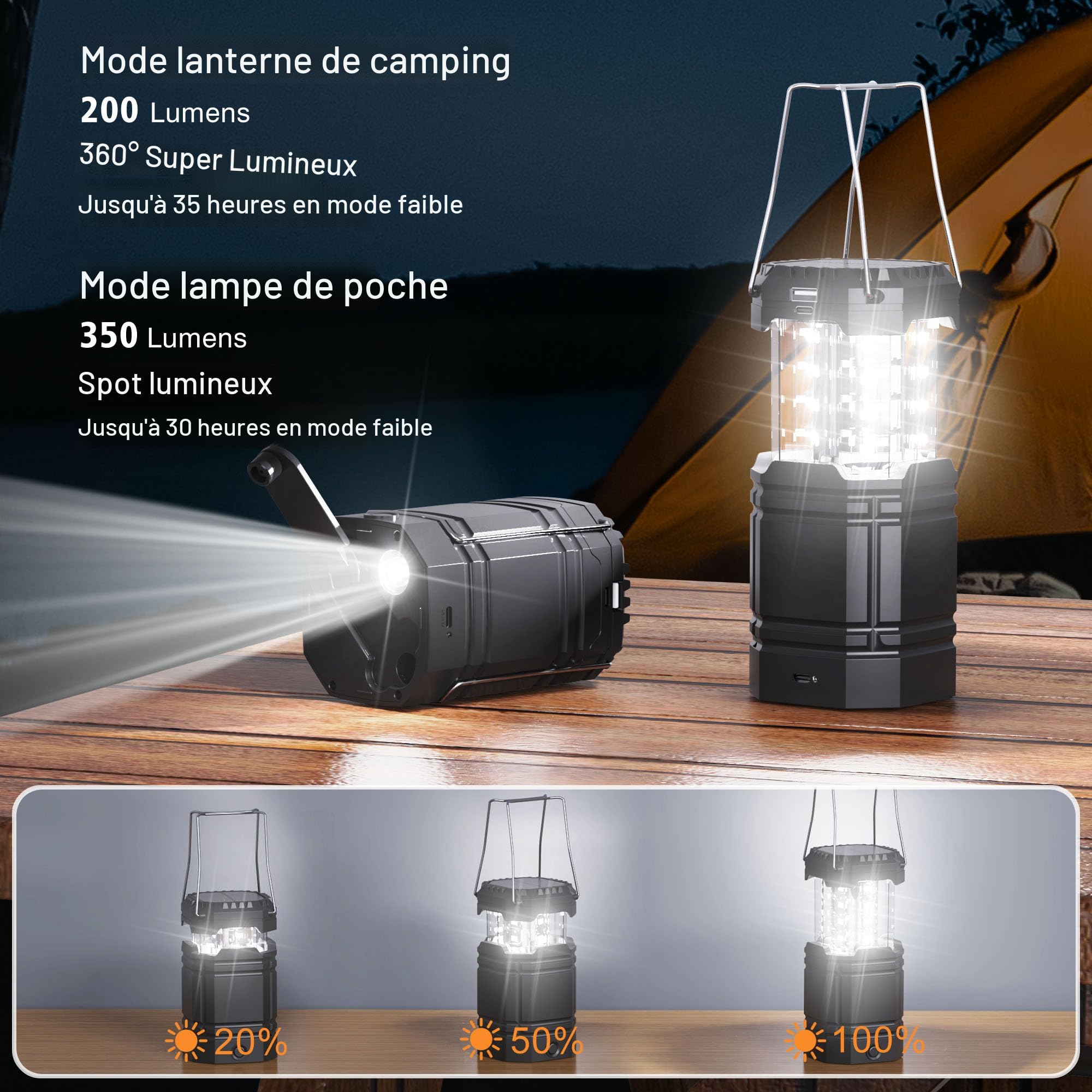 Lanterne Solaire, Lampe De Camping à Led Ultra Lumineuse, 2 Modes D Rglables 5 Mthodes De Chargement Avec Dynamo Manivelle Longue Dure Dclairage Pour Le Camping 69491803
