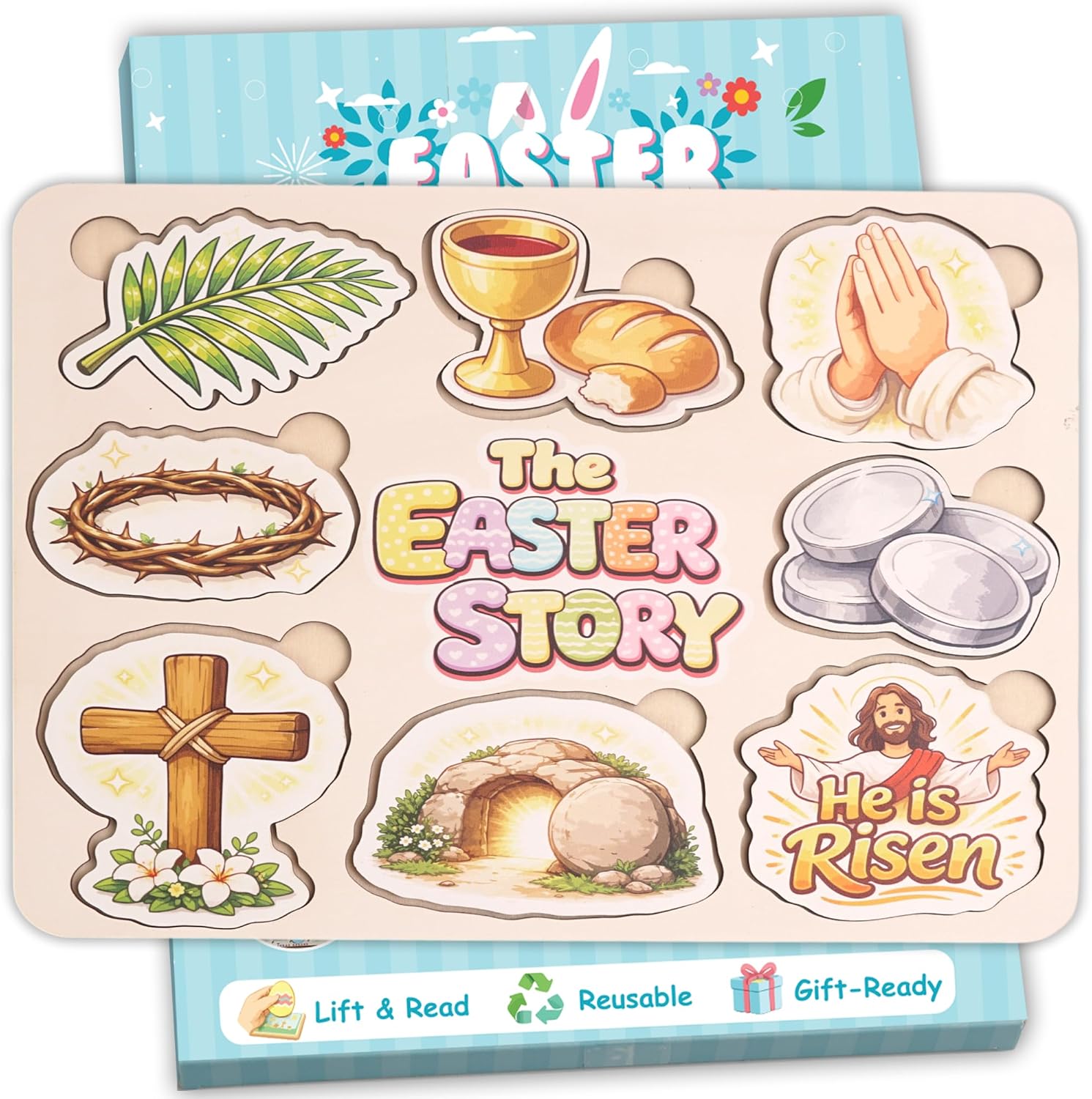 Easter Story Puzzle Board with 8 Wooden Lift-and-Read Pieces, Christian Easter Basket Stuffer for Kids, Christian Gifts for Kids, Ressurection Story Eggs