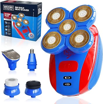 360 Bald Head Shaver 5 in 1 Attachments Grooming Kit Rechargeable Electric Hair Shaver Wet Or Dry with Pop-up Beard Moustache Trimmer Barber Grade