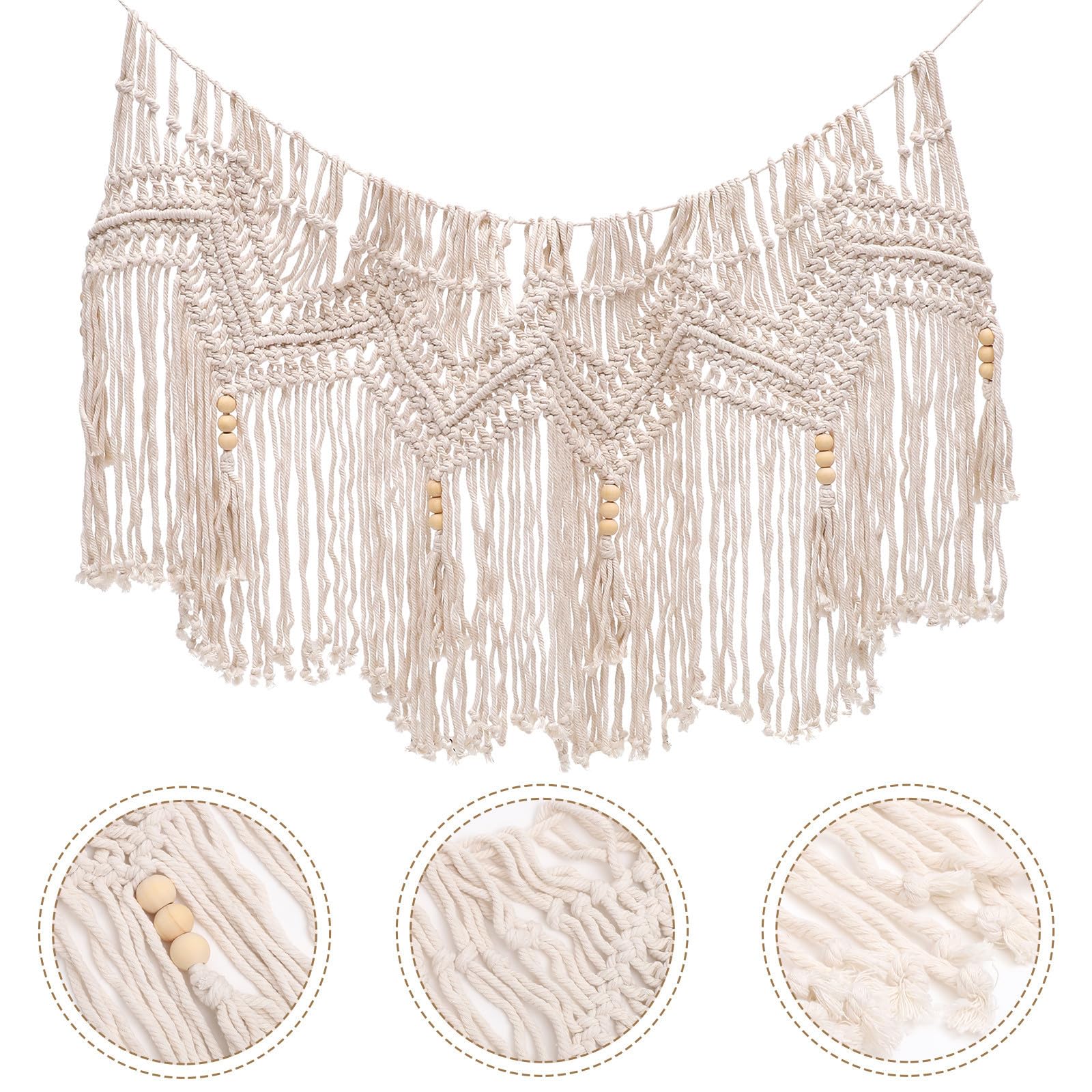 ibasenice Cantonnière Rideau Macramé en Coton Beige Tissée la Main Décorations à Pompons, Style Bohème Naturel pour Fenêtre, Effet Décoratif Élégant et Rustique