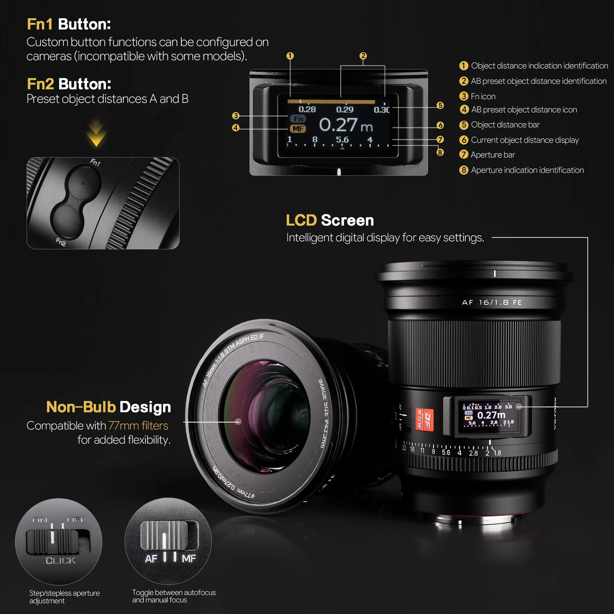 VILTROX 16mm F1.8 Obiettivo Full Frame Messa a fuoco automatica per Nikon Z Mount Grande Apertura Obiettivo per fotocamera Grandangolare Schermo LCD incorporato