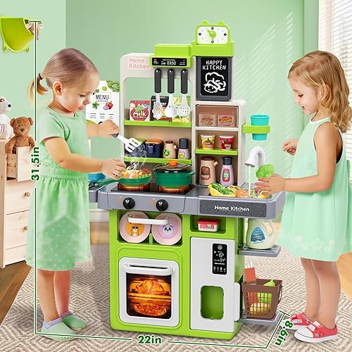 Miniatura 7 de Juego de cocina para niños, juego de cocina para niños pequeños con sonido y luz, estufa de cocina con vapor, fregadero de juegos, juguete de comida