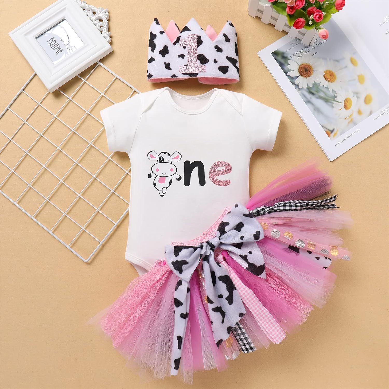 AWIBMK Baby Girl 1st Birthday Outfit Cow Giraffe Romper Tutu Skirt Headband Cake Smash Photo Shoot 3Pcs Clothes Set - Image 2