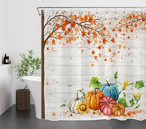 Miniatura 4 de LB Fall Pumpkin Shower Curtain Sets with Rugs Orange Maple and Sunflower with Green Leaf on Wood Fabric Shower Curtain with Hooks Farmhouse