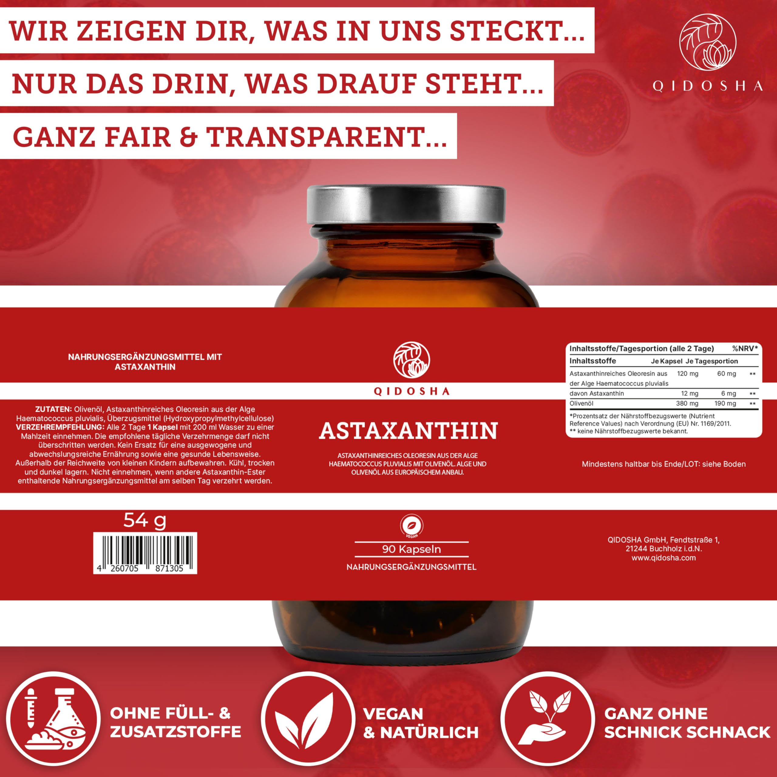 QIDOSHA® Astaxanthin 12 mg aus EU-Rohstoffen & Olivenöl, 90 vegane Kapseln im Apothekerglas, flüssiges Astaxanthin aus portugiesischer Algenzucht