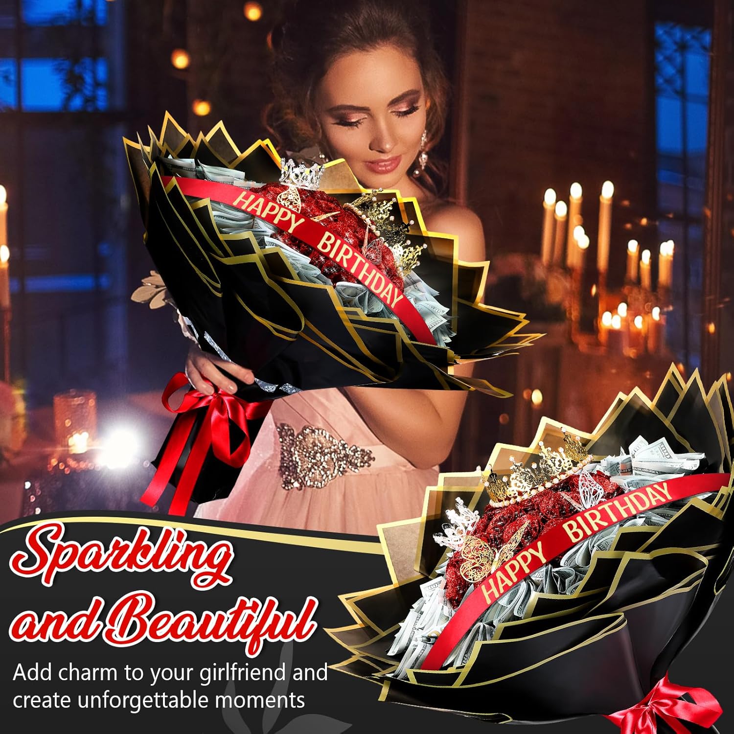 Maysing Money Bouquet Kit 12 Pcs Glitter Roses 20 Sheet Flower Wrapping Paper DIY Flower Bouquet Floral Foam Blocks Sticker for Anniversary Birthday Mother's Day Graduation(Red) - Image 6