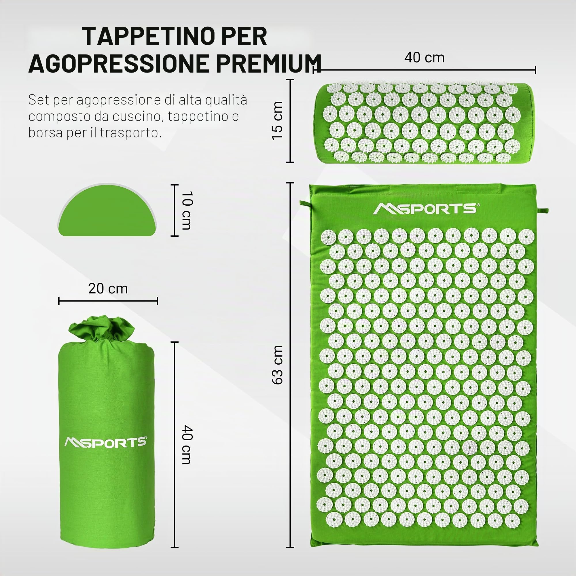 Tappetino per agopressione Premium, set per agopuntura - con tappetino per agopuntura, cuscino, borsa & app per allenamento, rivestimento in 100% cotone, soluzione di tensioni I tappetino massaggiante