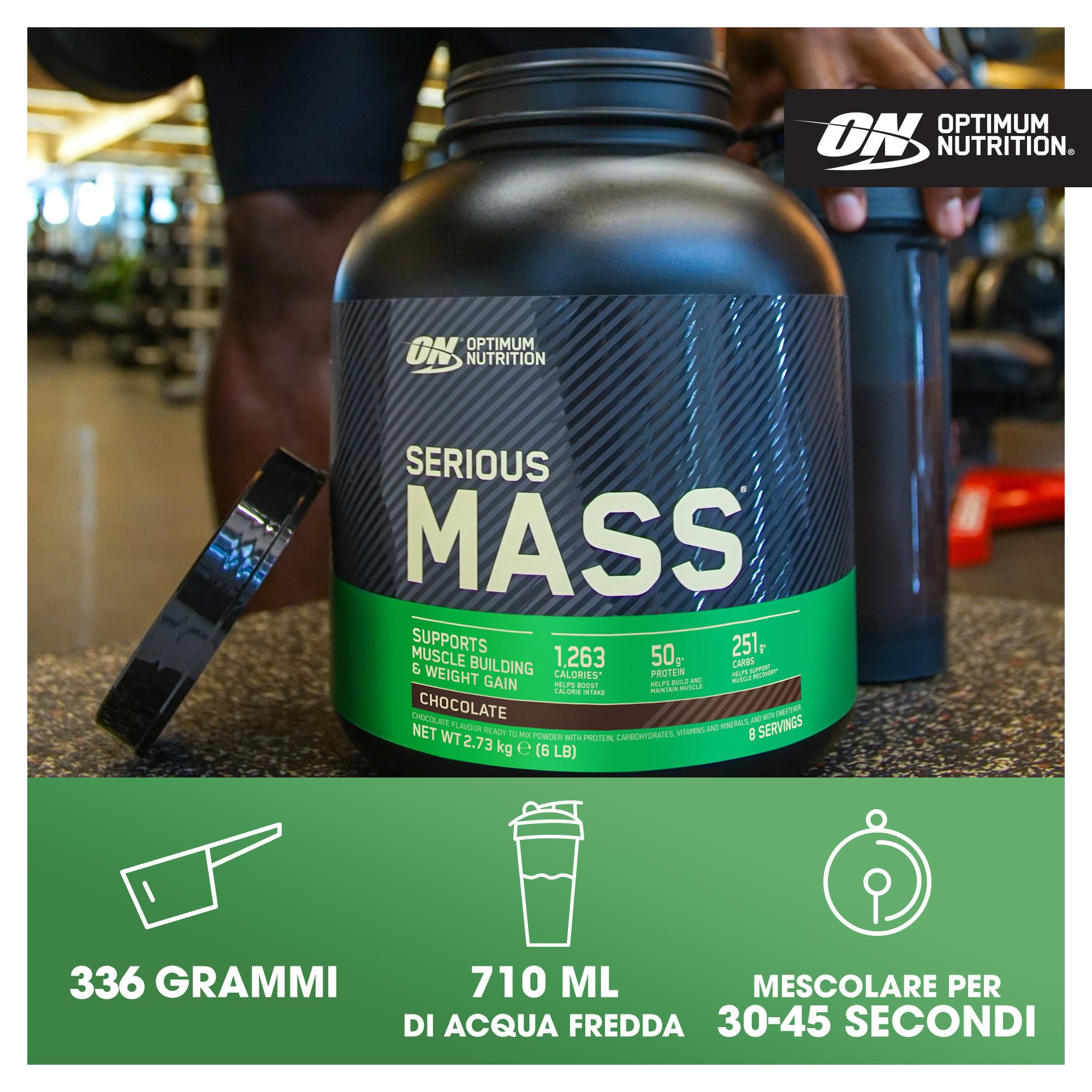 Optimum Nutrition Serious Mass Gainer Proteico in Polvere, Gusto Cioccolato, 5.45kg, 16 Porzioni