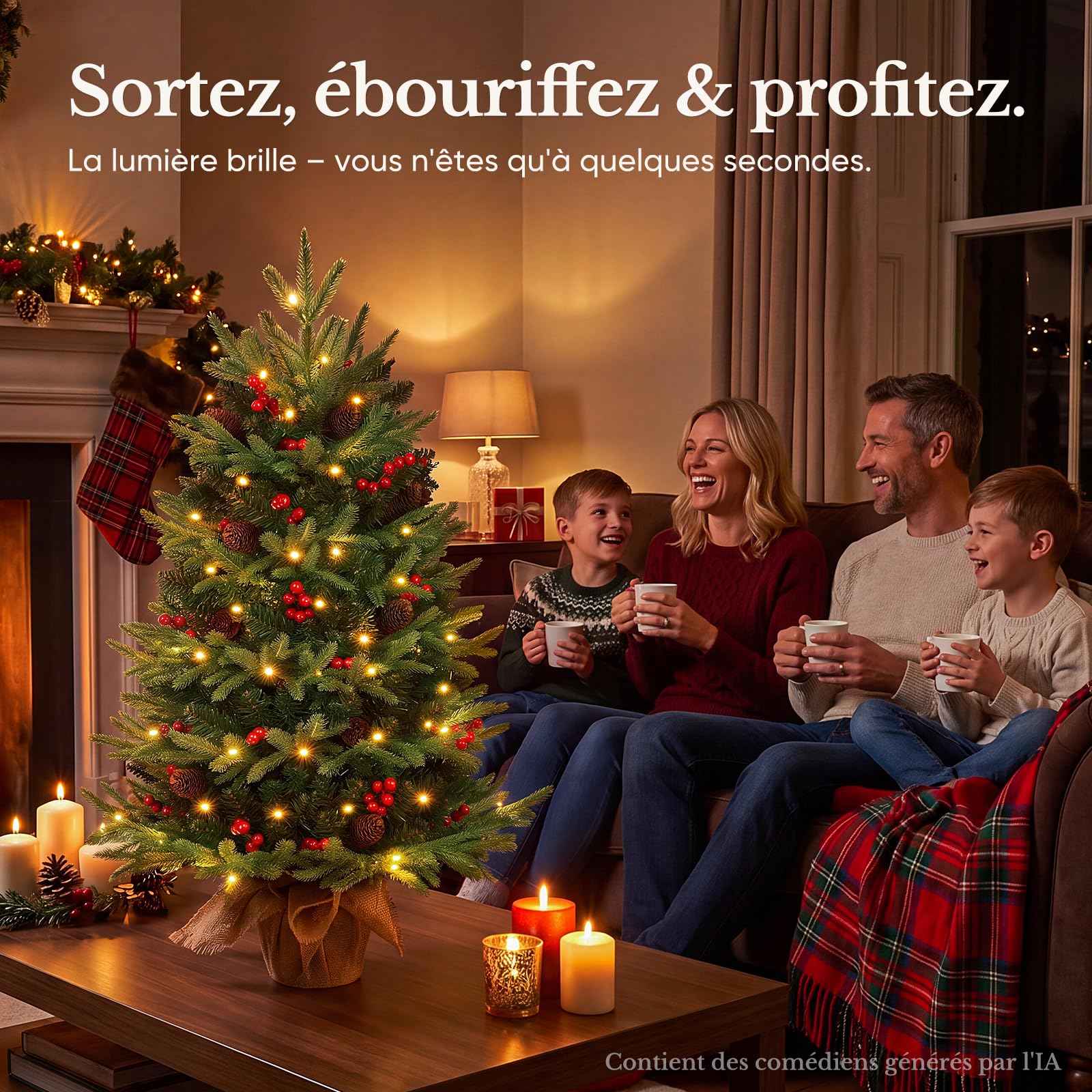 HOKEEPER Sapin de Noël artificiel de 90 cm avec LED et décoration | Sapin, aiguilles vertes en PVC, mini sapin de Noël, pommes de pin et baies, entièrement décoré