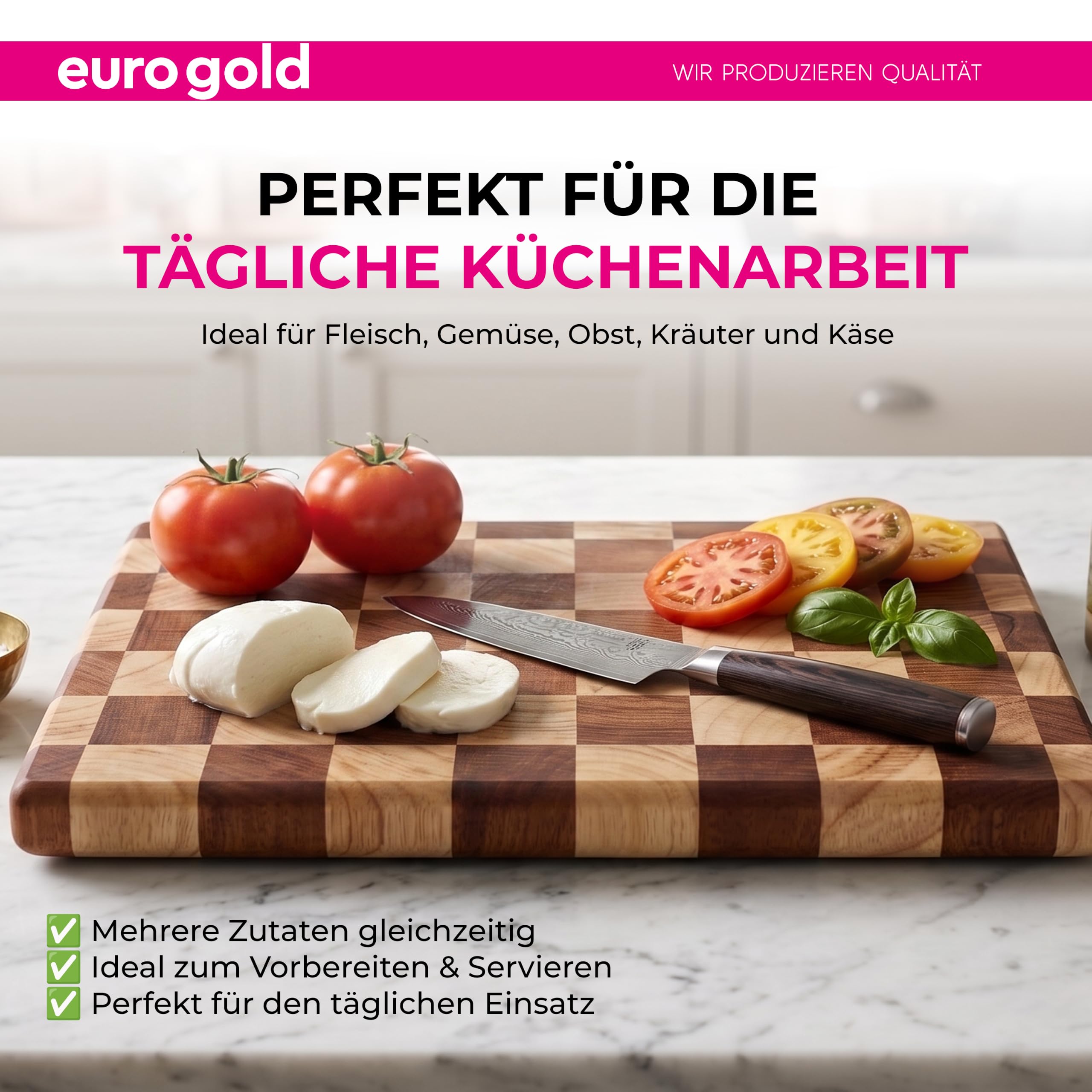 EUROGOLD Schneidebrett aus Gummiholz 40x29x3 cm mit schwarzen Füßen