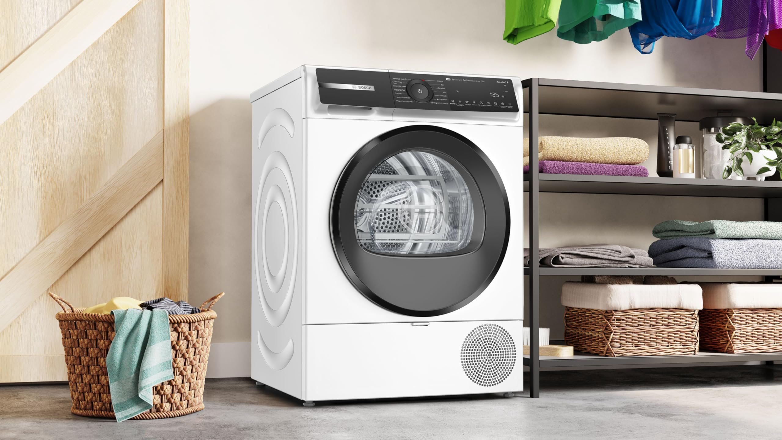 Bosch WQH245A0IT Serie 6 Smart Wäschetrockner mit Wärmepumpe, 9 kg, Energieklasse C, selbstreinigender Kondensator, reduziert Falten, Wäschekorb aus Wolle, Weiß, 60 cm