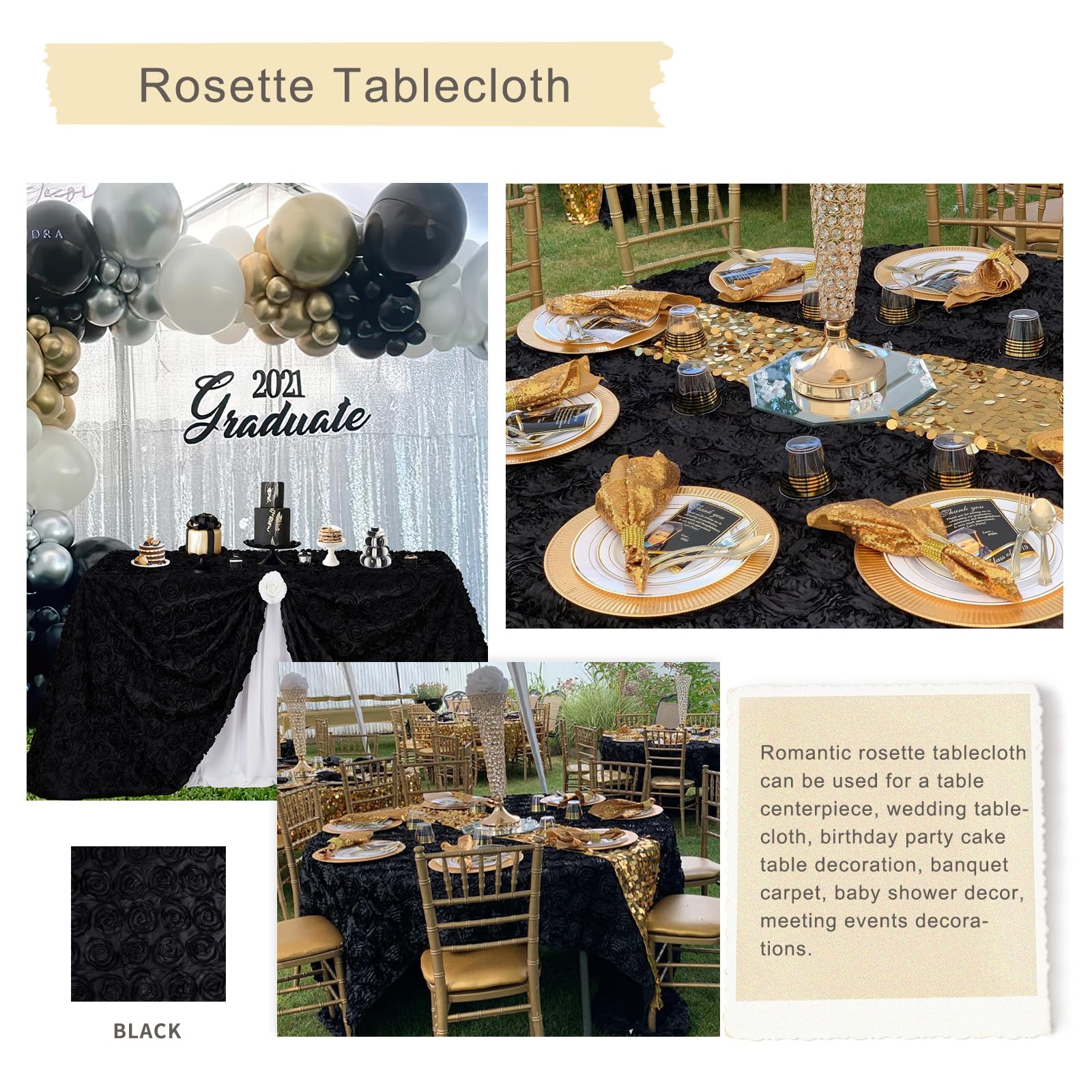 Fanqisi Schwarze Tischdecke, 228 x 332 cm, Rosette, Hochzeit, Party, Tischdekoration, rechteckig, Satin, Blumenmuster, Tischdecke für Babyparty-Dekorationen
