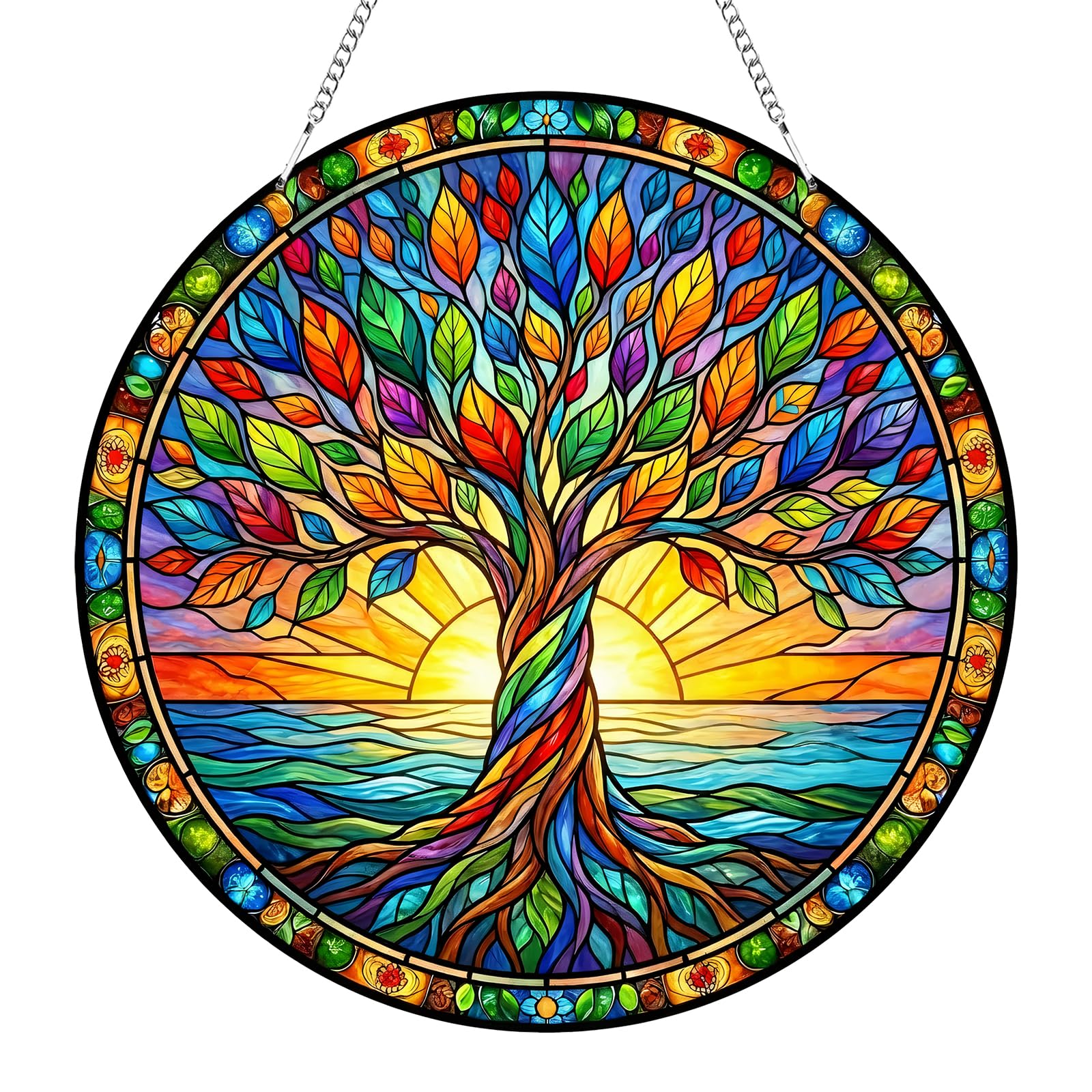 Colorful Tree of Life Suncatcher, 20x20cm Acrylic Stained Glass Style Sun Catcher for Windows, Hanging Garden Ornaments for Indoor Outdoor, Car Wedding Party