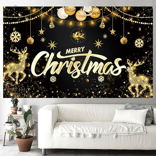 Miniatura 2 de Cartel grande de Feliz Navidad, copo de nieve dorado, fondo de ciervo, escena de pared, Navidad, vacaciones, fiesta, decoración, regalos, 70 x 43